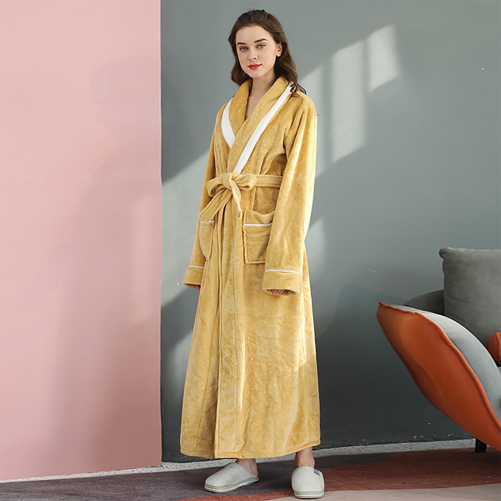 Peignoir De Bain Femme Homme Polaire Corail éPaissie, Chemise De Nuit Grande Taille à Manches Longues, Robe De Chambre avec Poches, Chaud Et Confortable VêTements De Nuit Automne Hiver