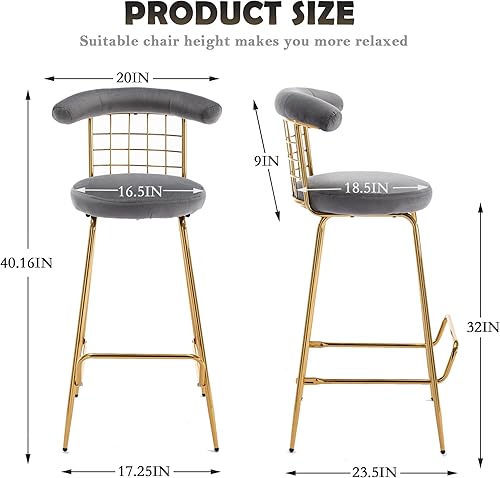 Miniatura 2 de Juego de 2 taburetes de bar modernos con respaldo y patas de metal, elegantes taburetes de bar de terciopelo para cocina, isla, hogar, comedor,