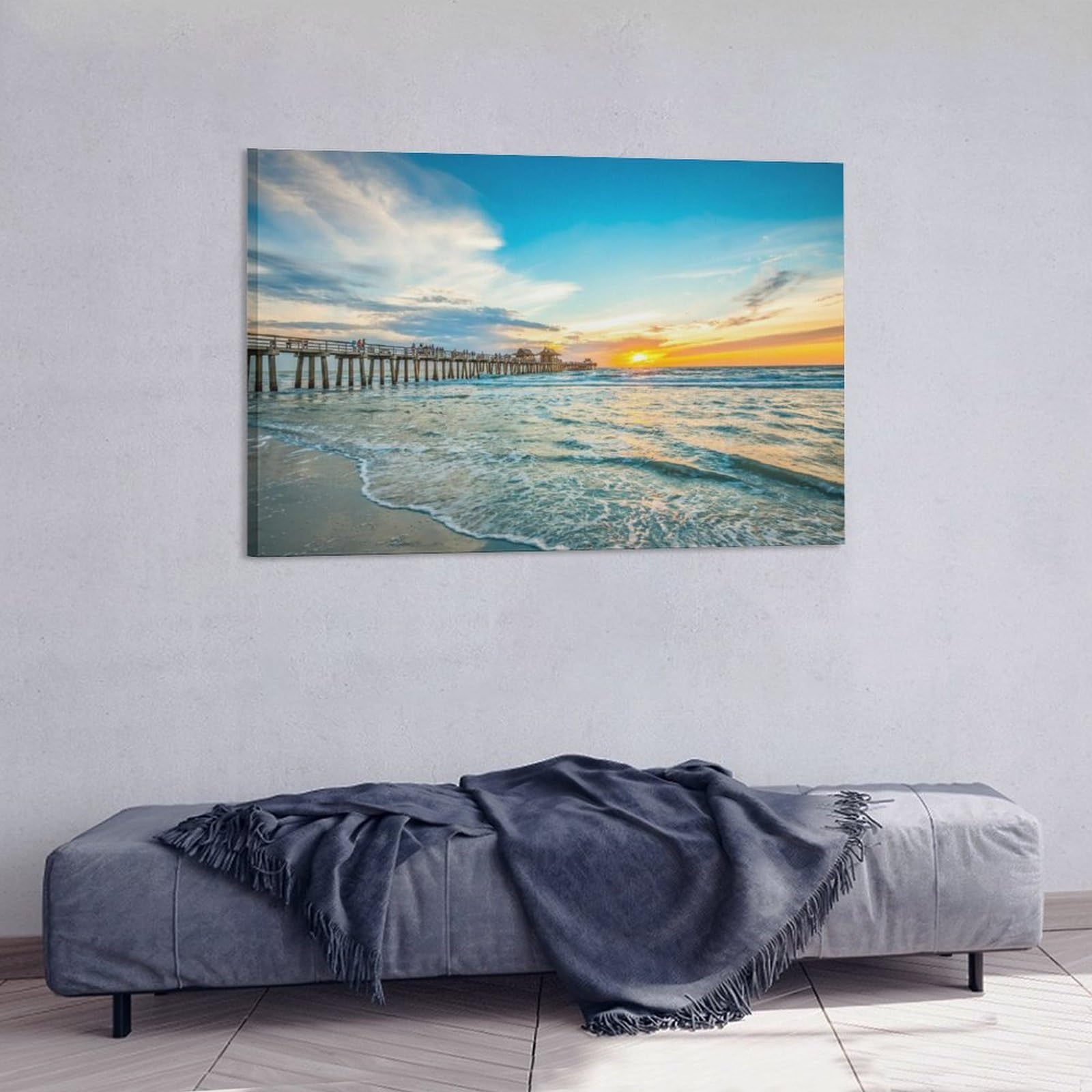 Naples Florida Pier Canvas Wall Art - Wooden Framed Landscape Painting, 20x40 Inches, Ready To Hang