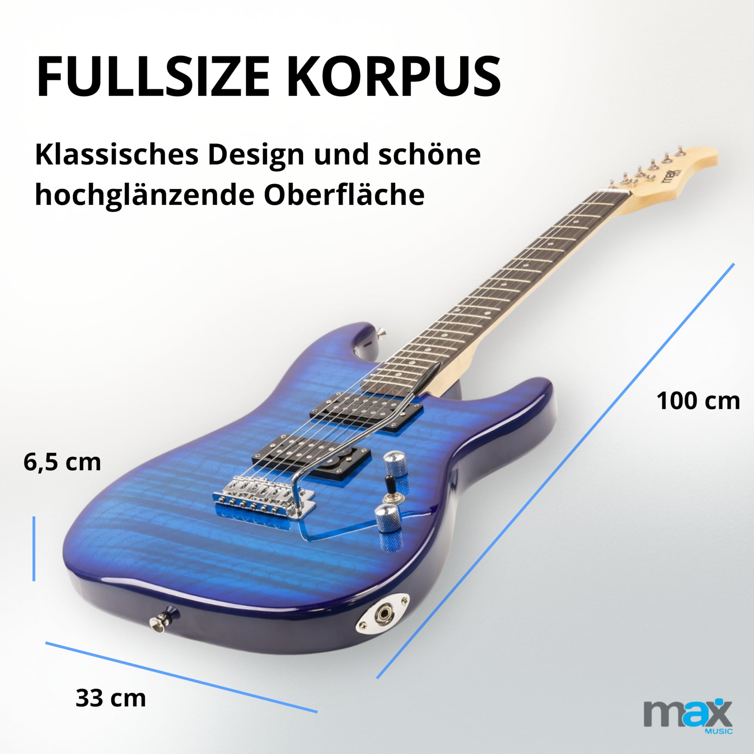 Max GigKit E Gitarre Quilted Style, E Gitarren Set mit Verstärker, Gitarrentasche, Plektrum, Stimmgerät Gitarre, Instrumentenkabel, Ersatzsaiten und Gitarrengurt, 22 Bünde - Dunkel Blau