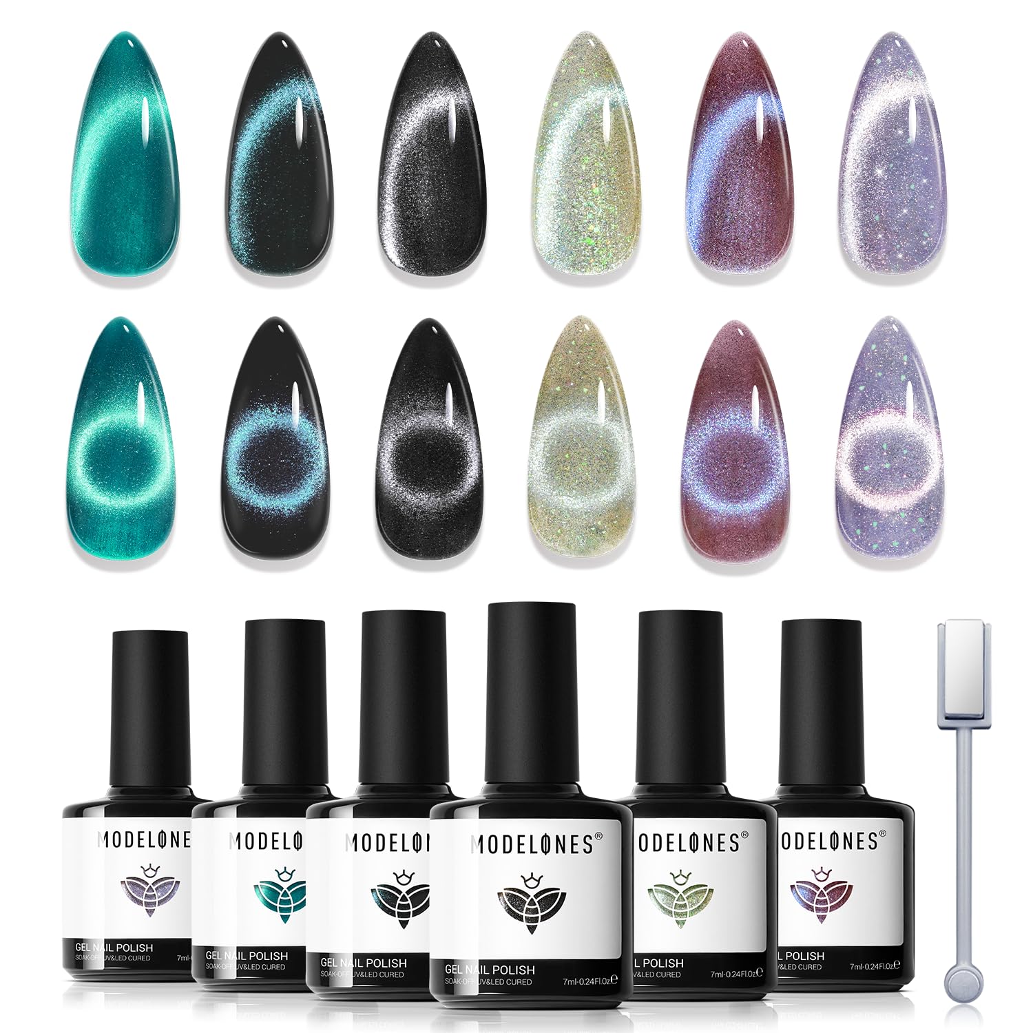 modelones Cat Eye Gel Nail Polish Set, 6 Colors 2026 Spring Summer Holographic 9D Glassy Cat Eye Glitter Gel Polish Set Black Blue Purple Green Nail