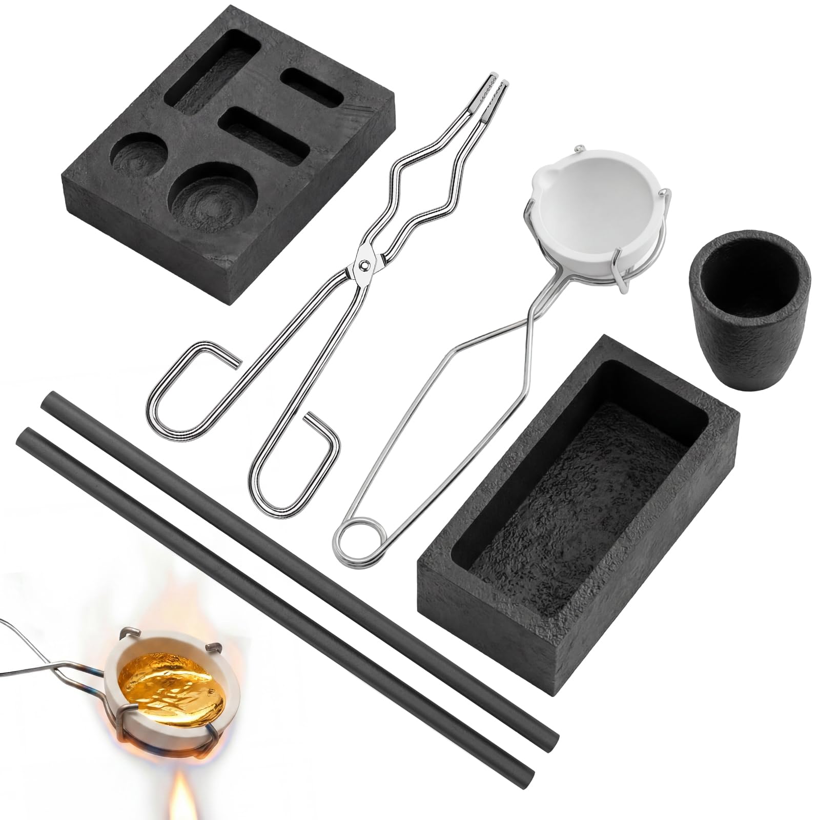 8 Stück Gold Schmelzen Set, Graphittiegel & Quarztiegel Schmelzkit mit Gussformen und Zangen, Hoch Hitzebeständig für Gold, Silber, Platin, Messing und Legierungen