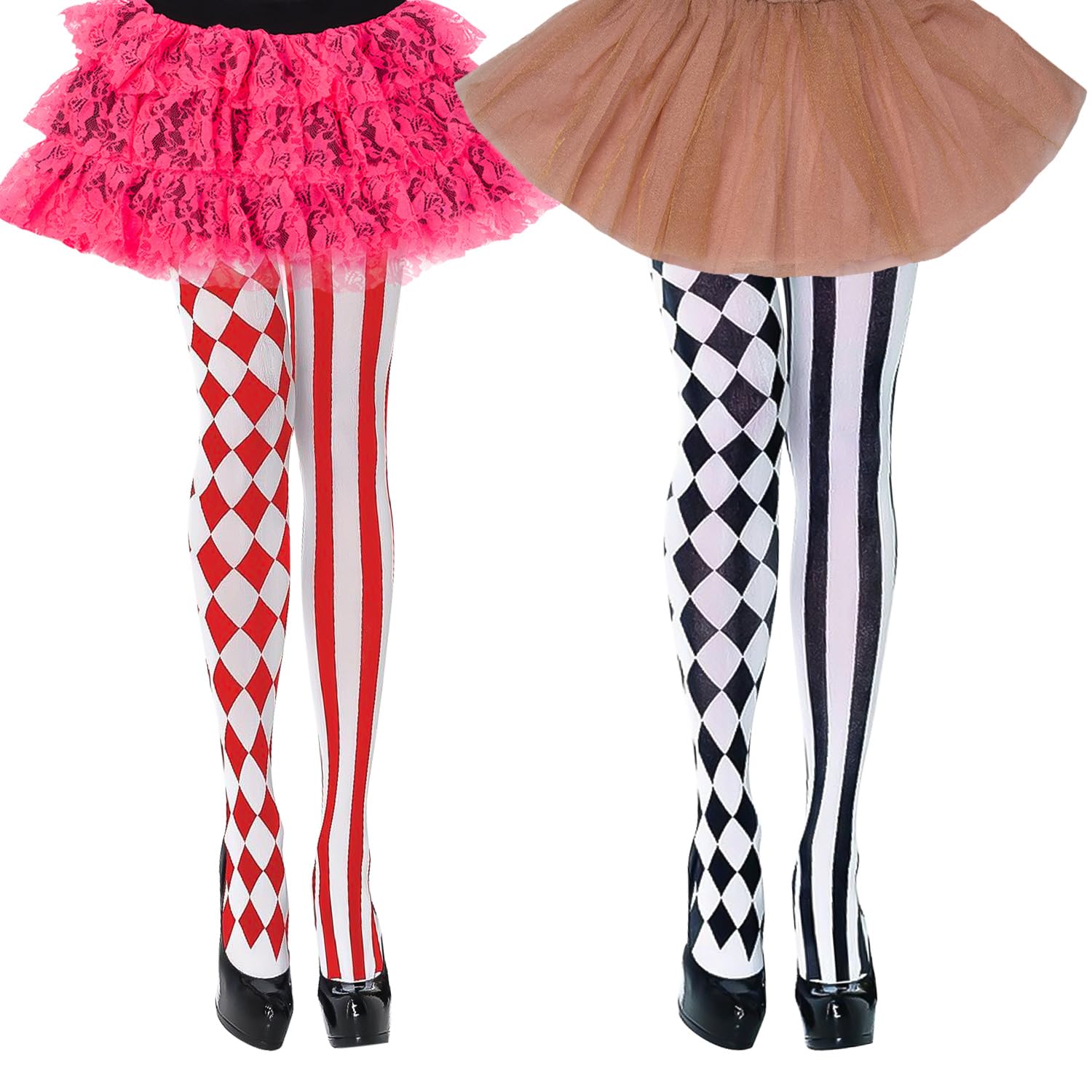XNFUOE 2 Pairs Circus Pantyhose Striped Pantyhose Full Footed Diamond Tights for Halloween Dress Up Cosplay Party
