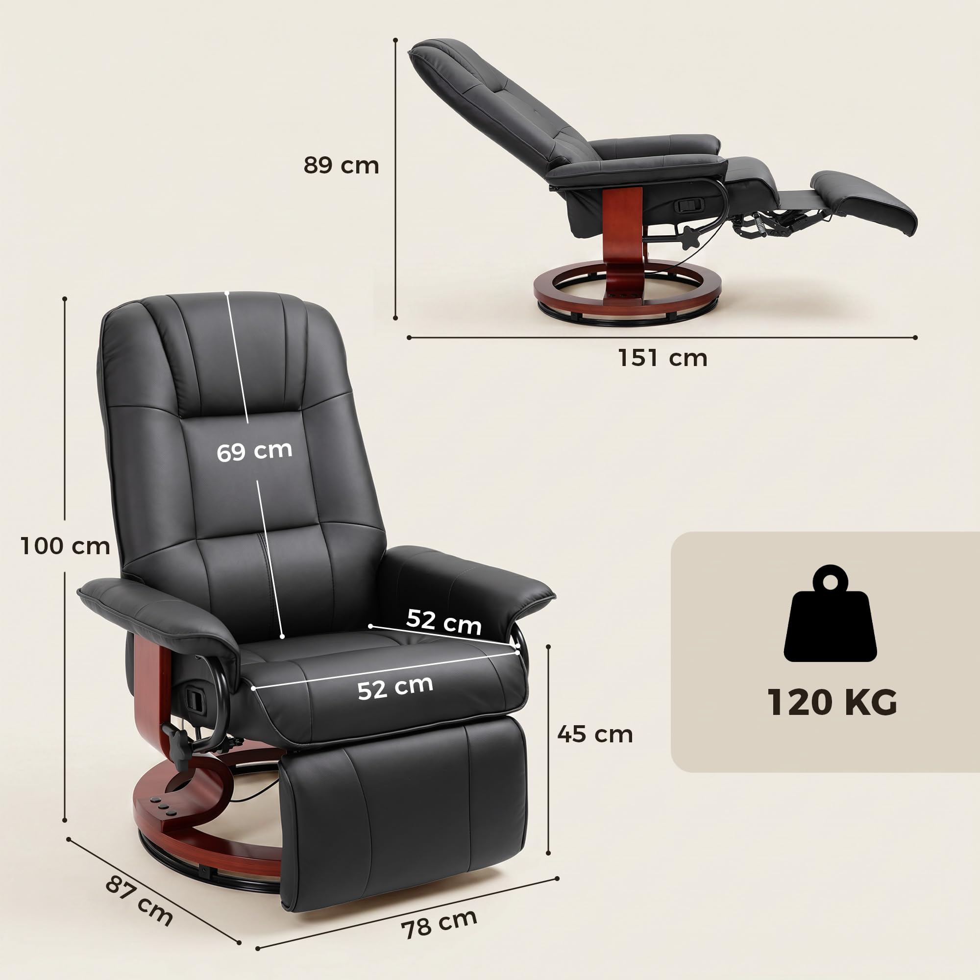 HOMCOM Fauteuil Relax Inclinable, Fauteuil de Salon, Repose-Pieds Réglable, Pivotant 360°, Piètement Bois, Revêtement Synthétique, Noir