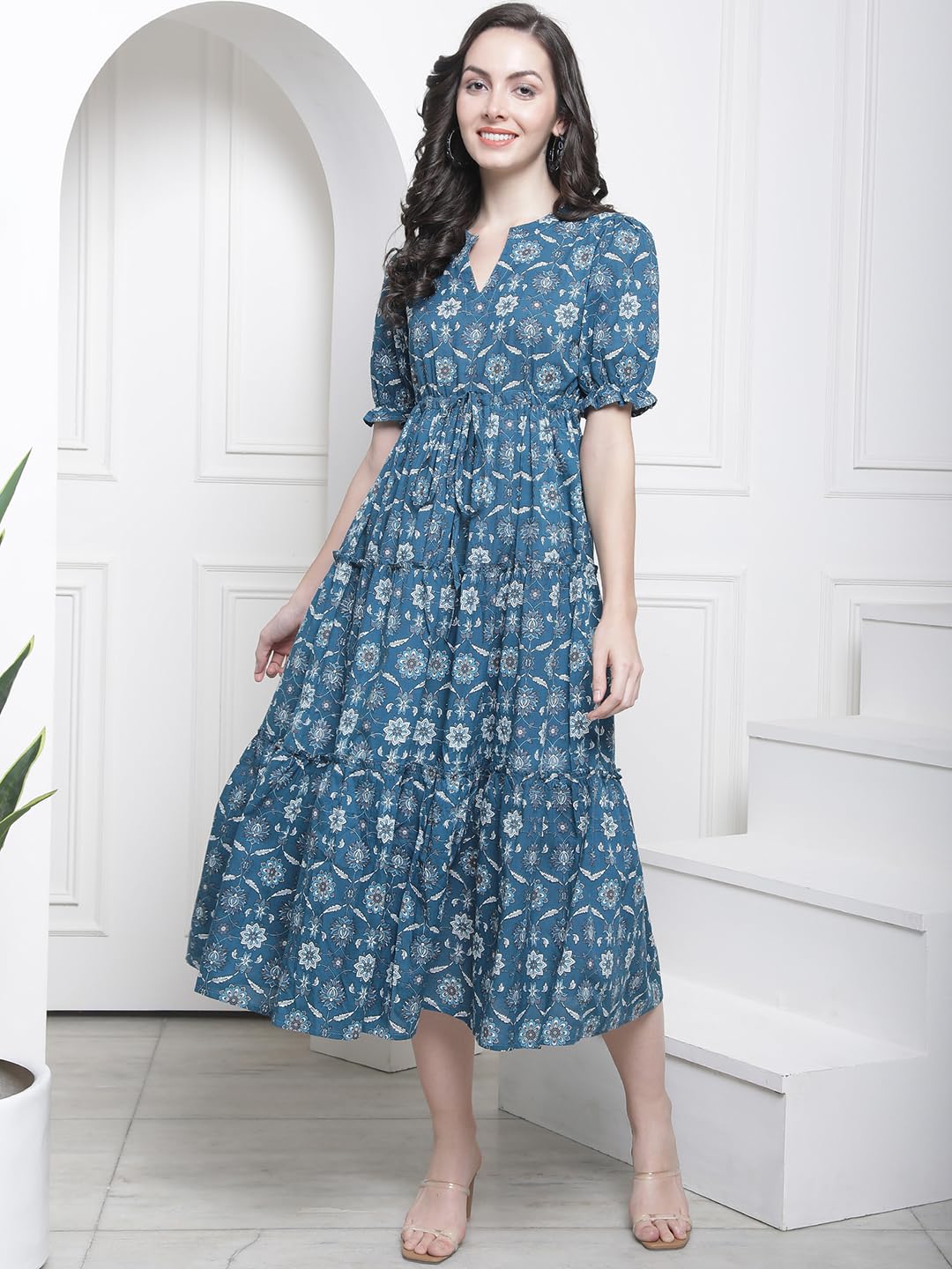 Claura Blue Floral Printed Mandarin Collar Tiered Cotton Cambric Fit & Flare Midi Dress (Large) 2