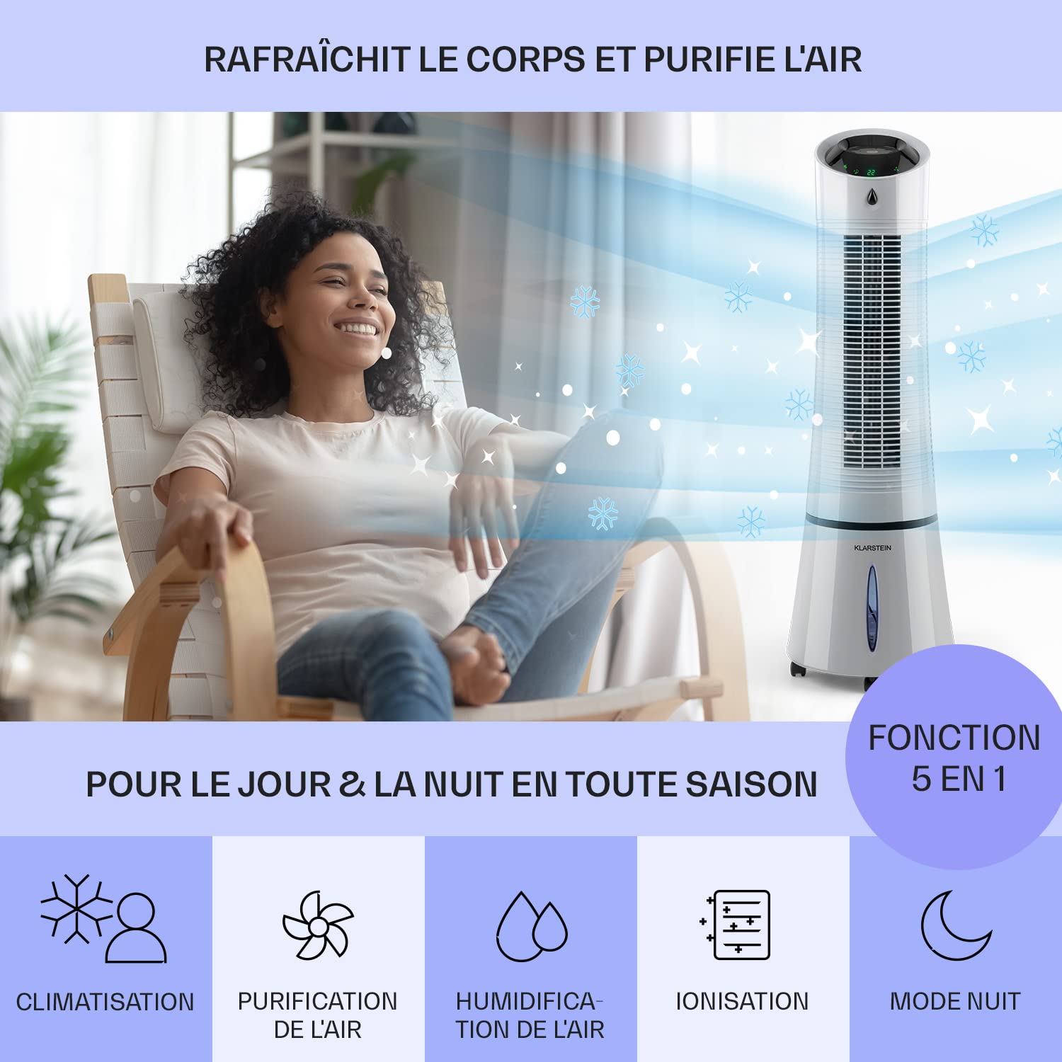 Rafraichisseur d'Air Mobile 5 en 1, par Evaporation avec Humidificateur Rafraichisseur d'Air Mobile 5 en 1, par Evaporation avec Humidificateur