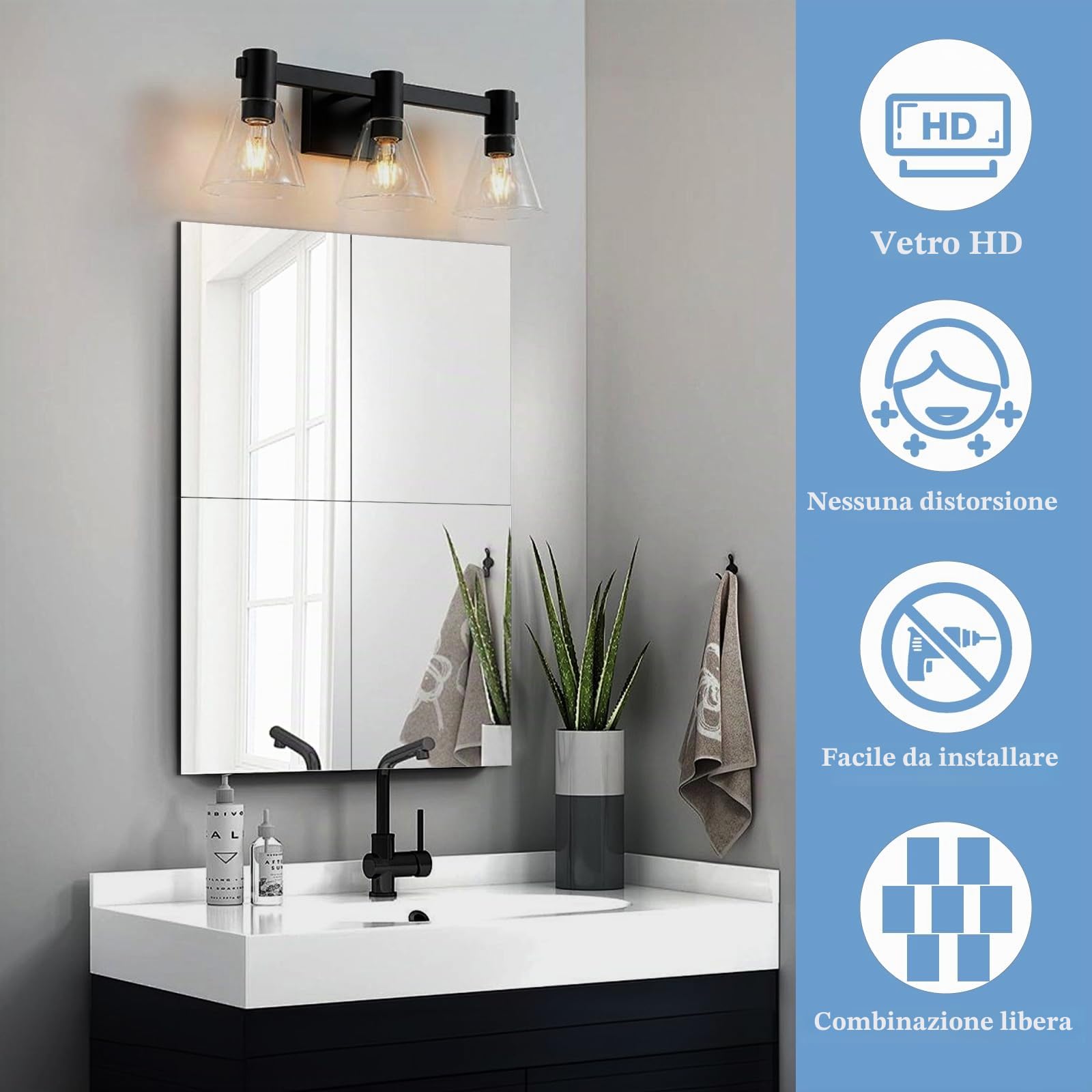TSKDKIT Specchio da Parete Specchio in Vetro 30 x 21 cm Autoadesivo Specchi da Parete Decorativo HD Senza Cornice Grande per WC Degli ospiti, Bagno, Spogliatoio, Soggiorno
