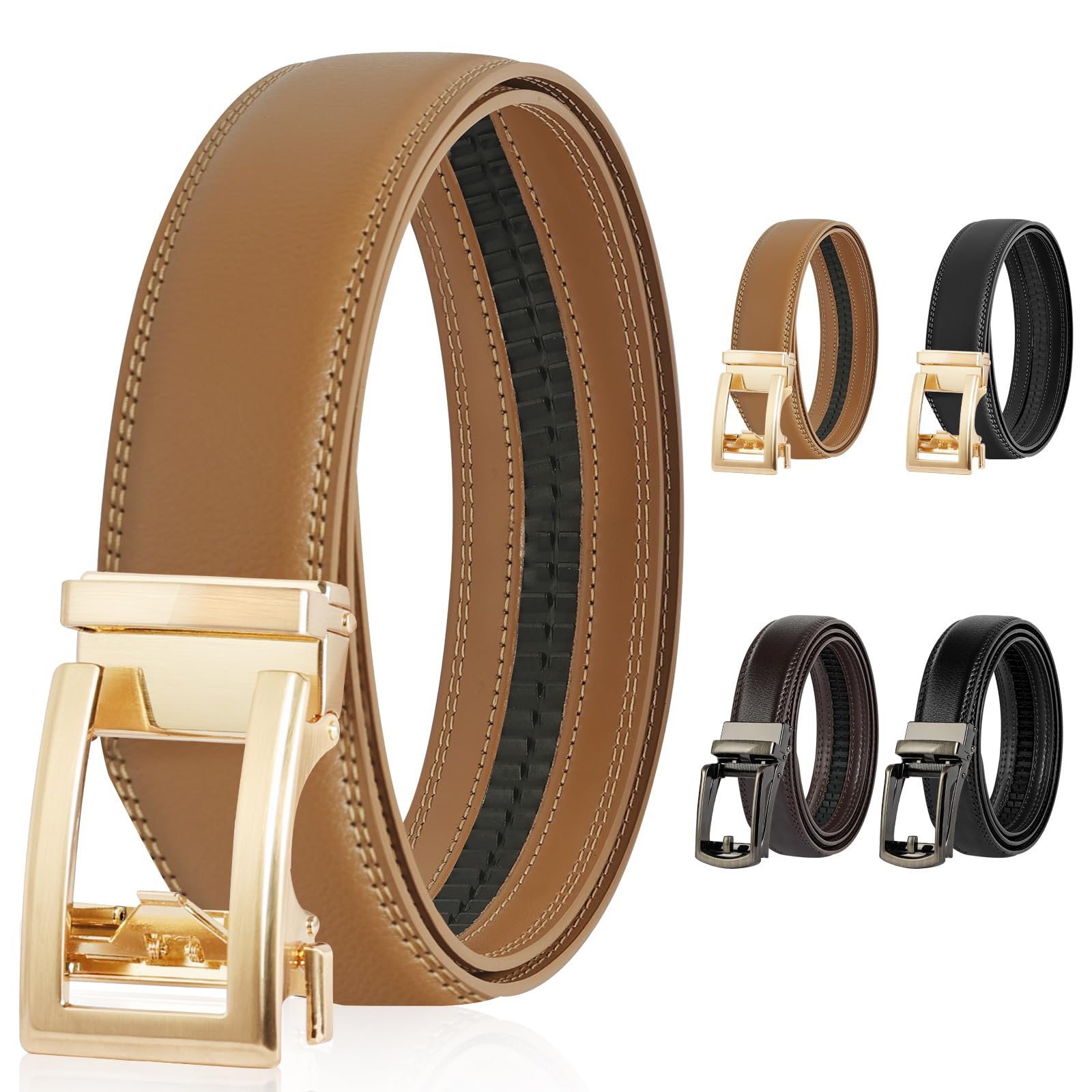 DiULi Gürtel Damen Herren, Automatischer Ledergürtel Verstellbarer, Gürtel Ohne Löcher mit Ratsche, 3.5cm/3cm Ledergürtel Automatikschließe für Jeans Hosen Kleider, Khaki