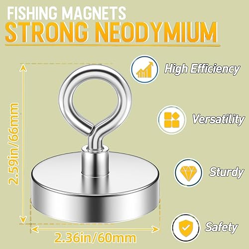 Miniatura 2 de Imanes de neodimio súper fuerte, 330 libras (330.7 lbs) fuerza de tracción magnética de pesca, imán de caza de tesoros submarinos para ríos, lagos,