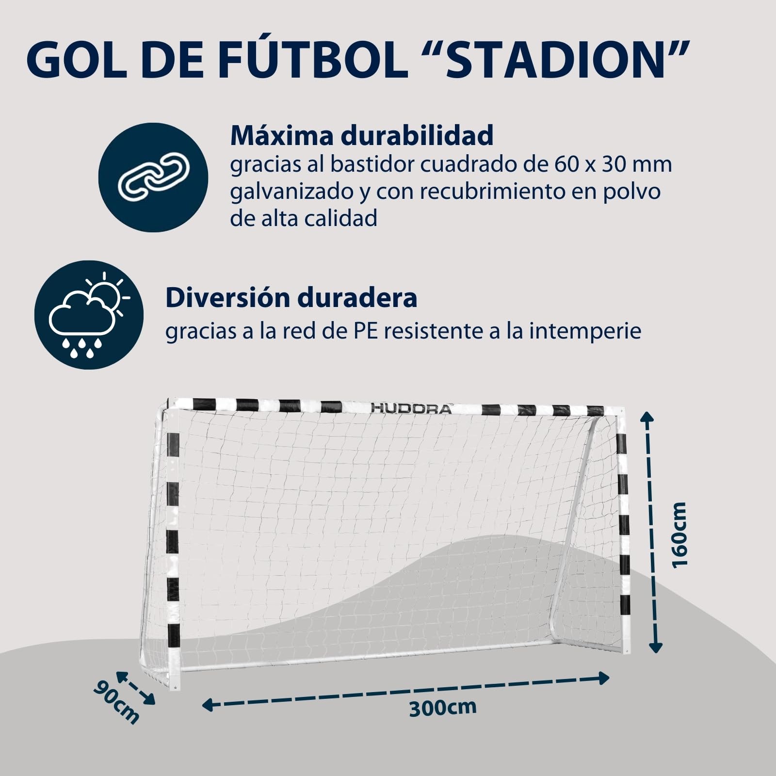 HUDORA Portería de fútbol Stadion - Portería de fútbol para niños y Adultos Resistente con Red de Malla Fina hogar - Tablero de GOL para Actividades recreativas y Entrenamiento al Aire Libre