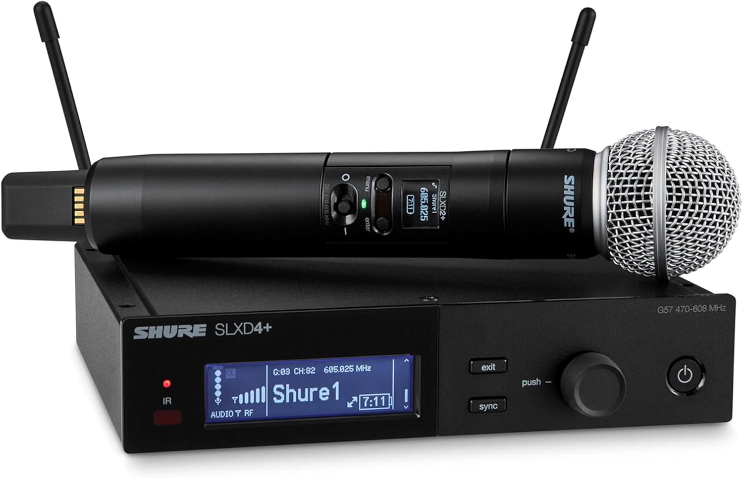 Shure SLXD24+/58 Handheld Wireless System - Includes SLXD4+ Receiver, SLXD2+ Handheld Transmitter with SM58 Capsule, Bluetooth Monitoring, Feedback Reduction, WWB and Mobile App Control, G57 Band