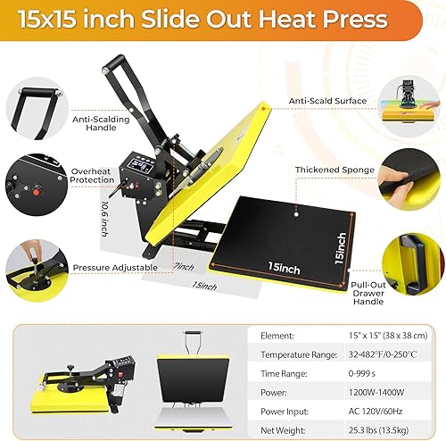 Miniatura 8 de Whubefy Máquina de prensa de calor de 15 x 15 pulgadas, máquina de prensa de calor digital para impresora de camisetas, calentamiento rápido y