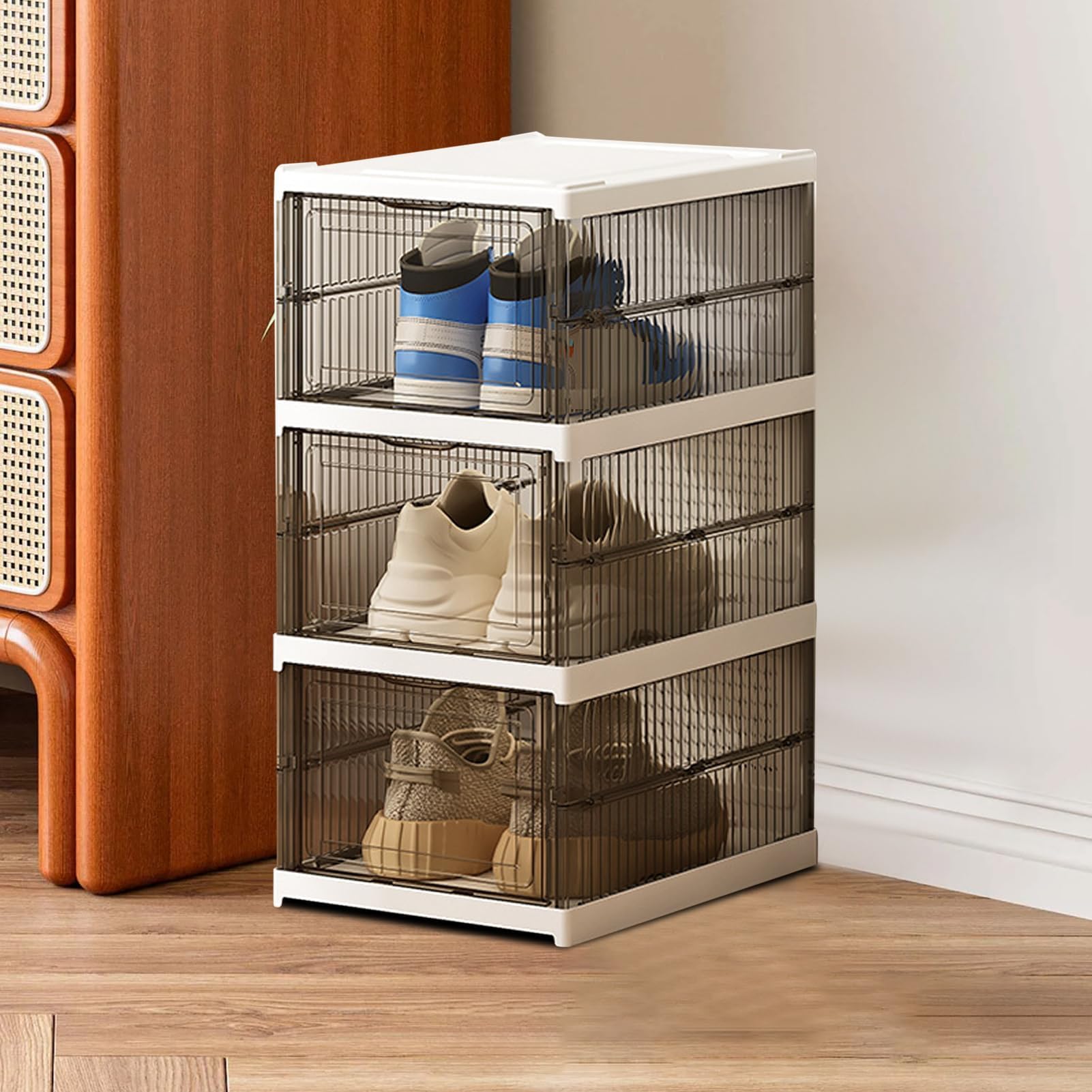 Zapatero plegable que ahorra espacio, transparente, apilable, caja de almacenamiento para botas, tenis, dormitorio, entrada, oficina, ideal para zapatos