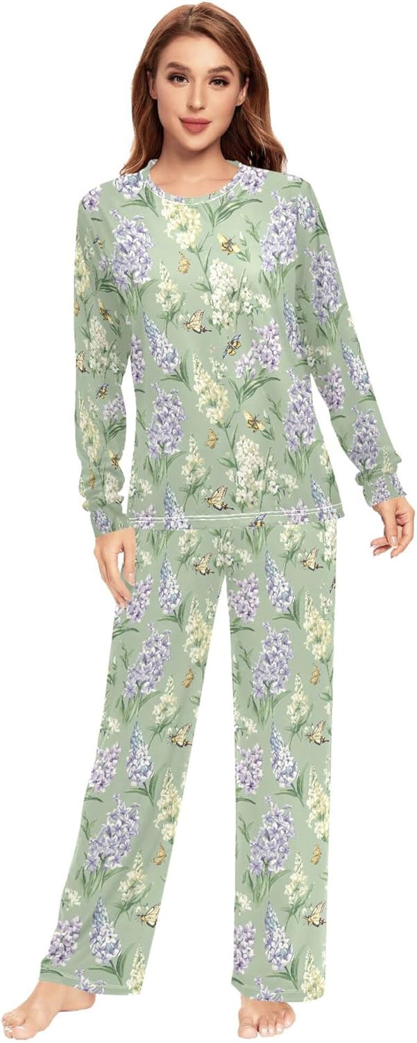 Flowers Hyacinths Peonies Bees Sage Green Pajamas Sets for Women 2 Piece Soft Men Sleep Pants Nightwear