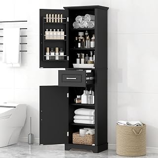 Tall Bathroom Storage Cabinet, Freestanding Storage Cabinet with Two Doors and Adjustable Shelves, Door Shelve Design, MDF with Painted Finish, Black