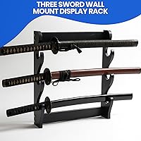 Vista 2 de SZCO Estante de exhibición de pared Three Sword – Soporte de madera de 3 niveles para samuráis, katana y espadas coleccionables – Percha de pared