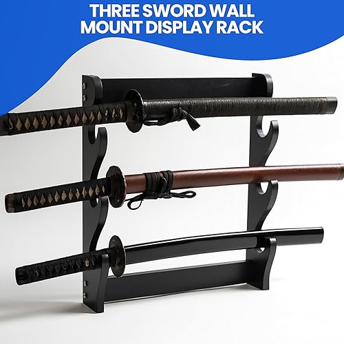 Miniatura 2 de SZCO Estante de exhibición de pared Three Sword  Soporte de madera de 3 niveles para samuráis, katana y espadas coleccionables  Percha de pared de