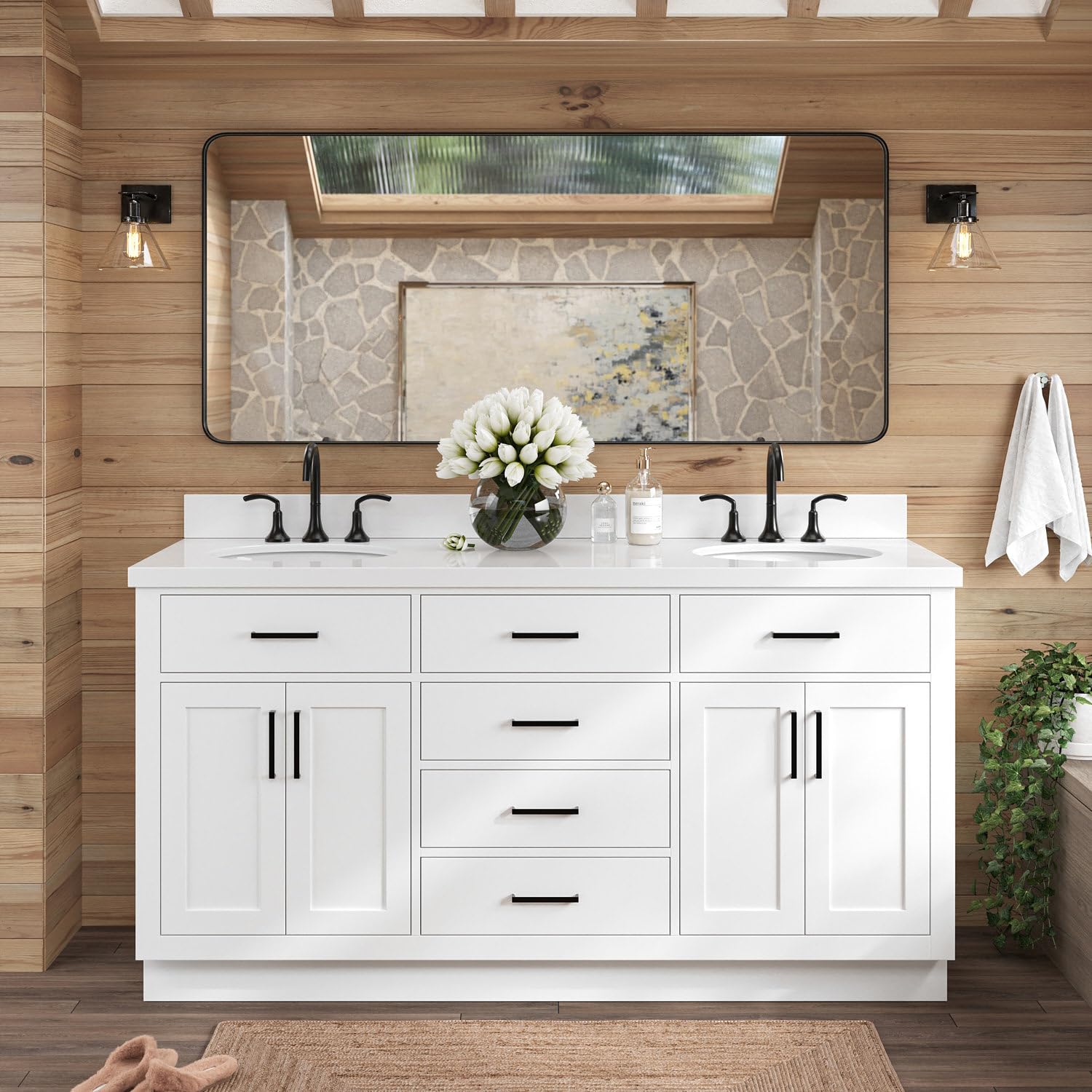 ARIEL 67" White Double Bathroom Vanity with 1.5" Edge Pure White Quartz Countertop & Backsplash, 2 Oval Sinks, 4 Soft Closing Doors, 6 Full Extension