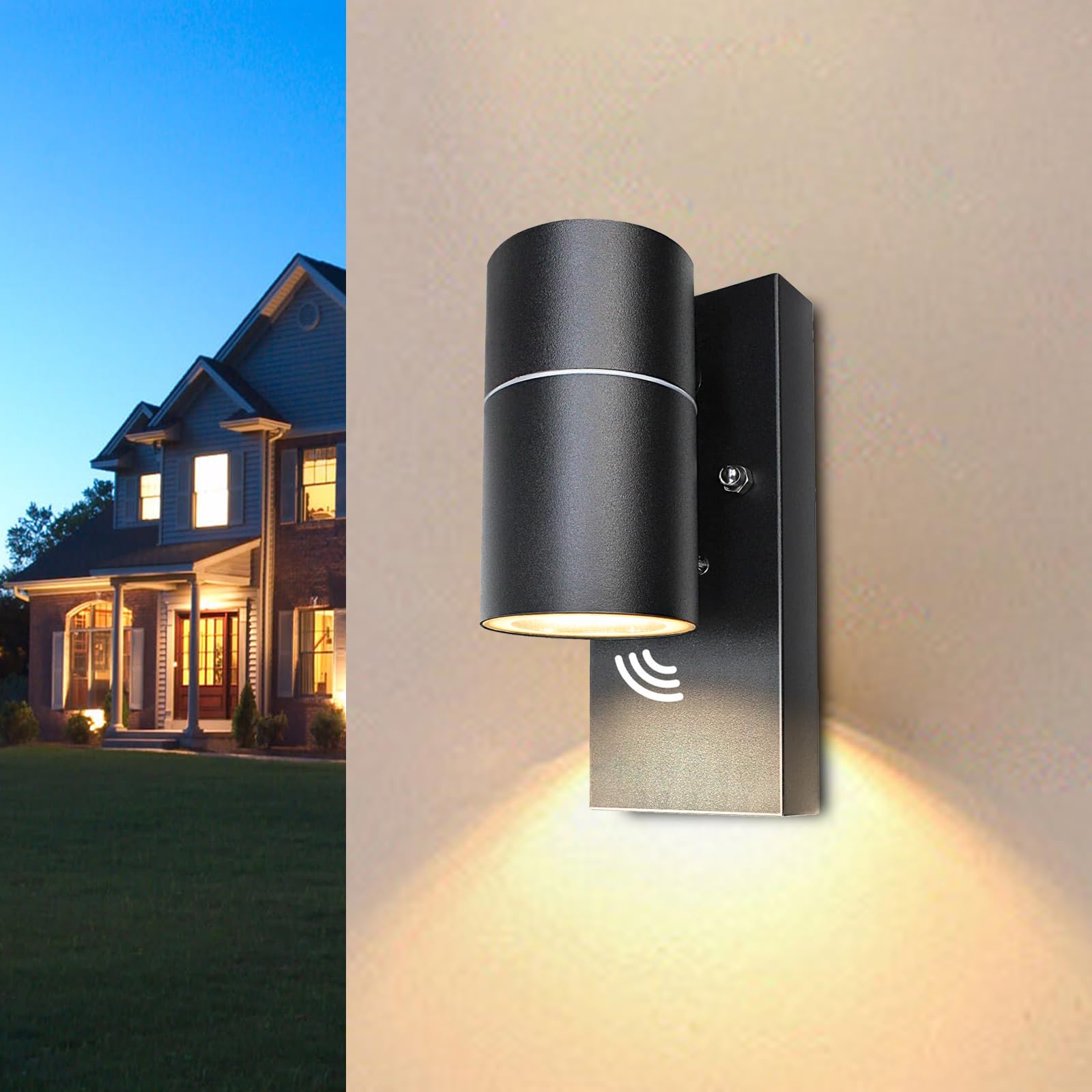 Applique da Esterno/Interno LED con Sensore Crepuscolare GU10,Luce Calda 5W,Lampada da Parete Esterno IP44 Faretto da Parete Moderno Nero per Scala,Corridoio,Balcone,Villa Bagno