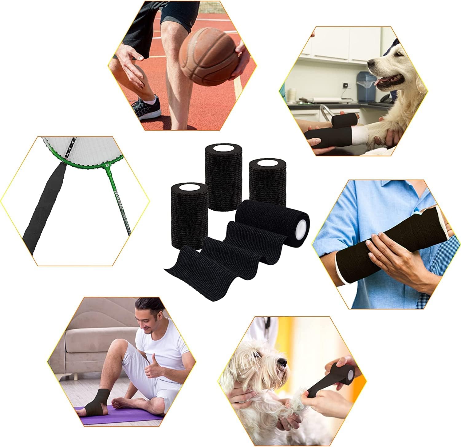 24 Pack Self Adherent Cohesive Bandage Wrap, 4” x 5 Yards Elastic Grip Tape Black Vet Wrap for Dogs, Athletic Bandages Wrap for First Aid Medical, Sports, Ankle, Wrist Sprains