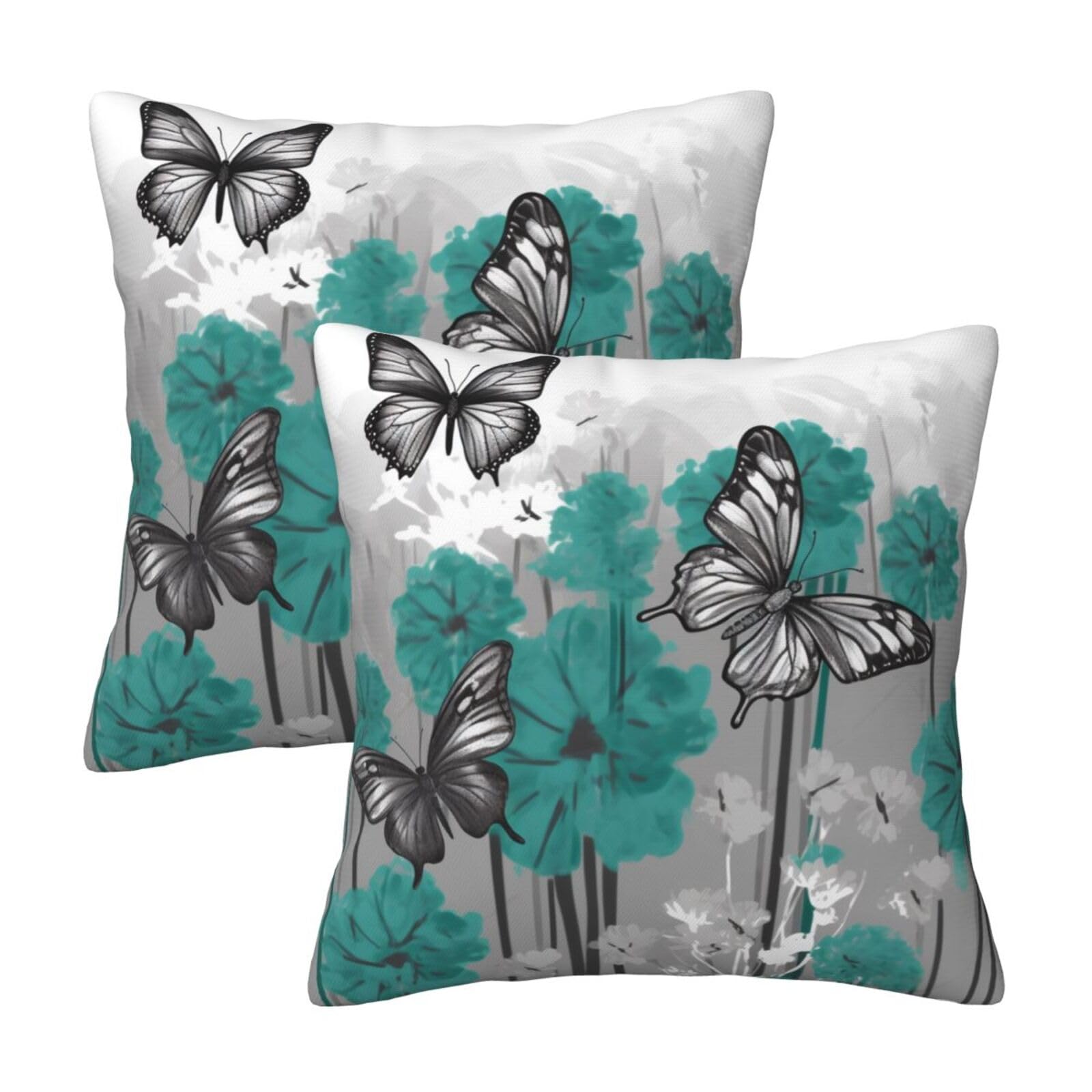 Gray Teal Flower Butterfly Throw Pillow Cases 2 Pack Square Pillowcases Soft Pillow Protectors for Couch Livingroom Sofa Bed Office Car,50x50 CM