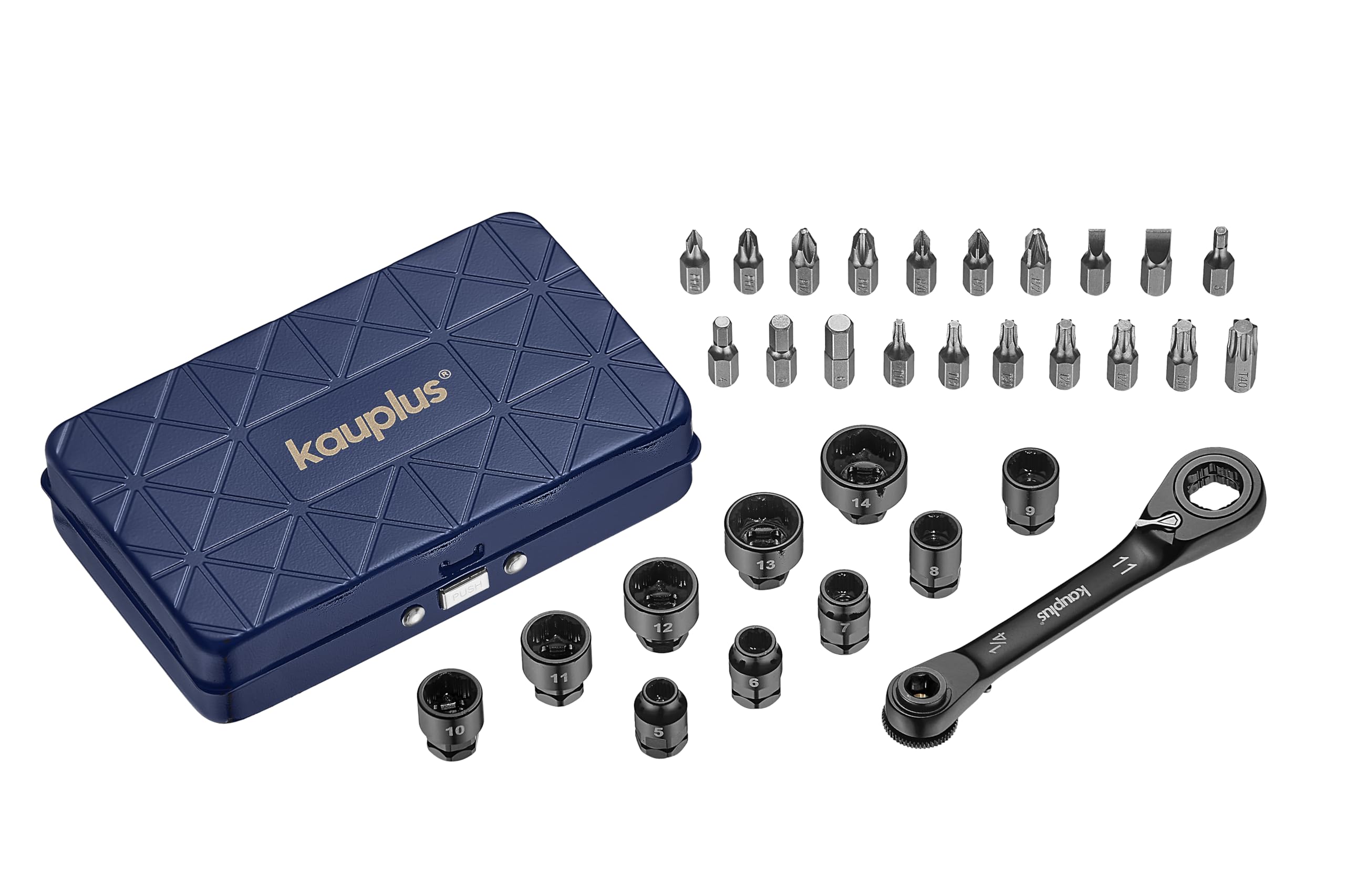 kauplus 1/4” Mini Reversible Ratchet Wrench Tool Kit, 32 PCS Low Profile Bit Socket Set, Non-Slip Socket Ratcheting Wrench Tool Box, 5MM-14MM…