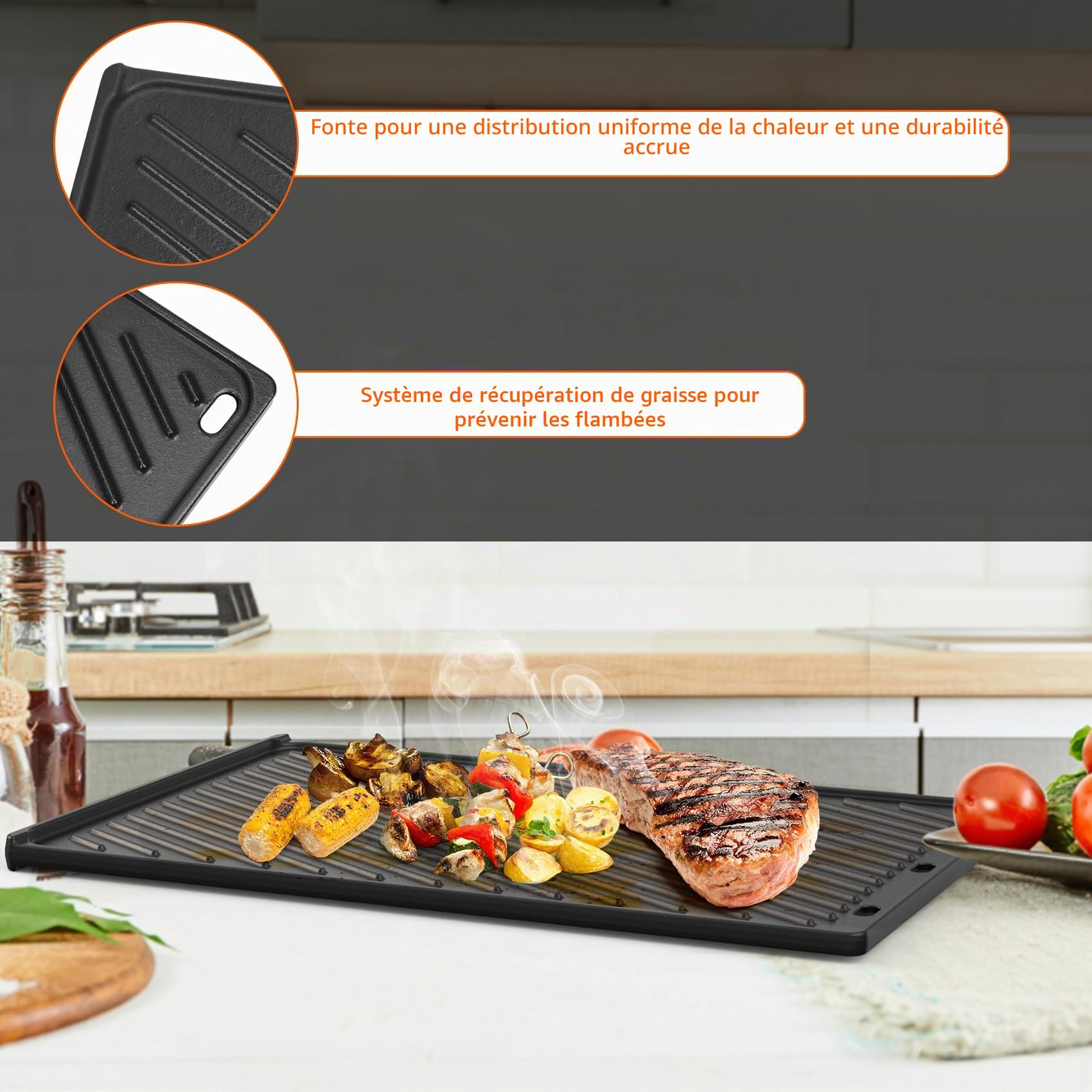 Weber Genesis 300 Plaque de Cuisson en Fonte Réversible 49 x 32 cm pour Barbecue à Gaz - Remplacement 7528