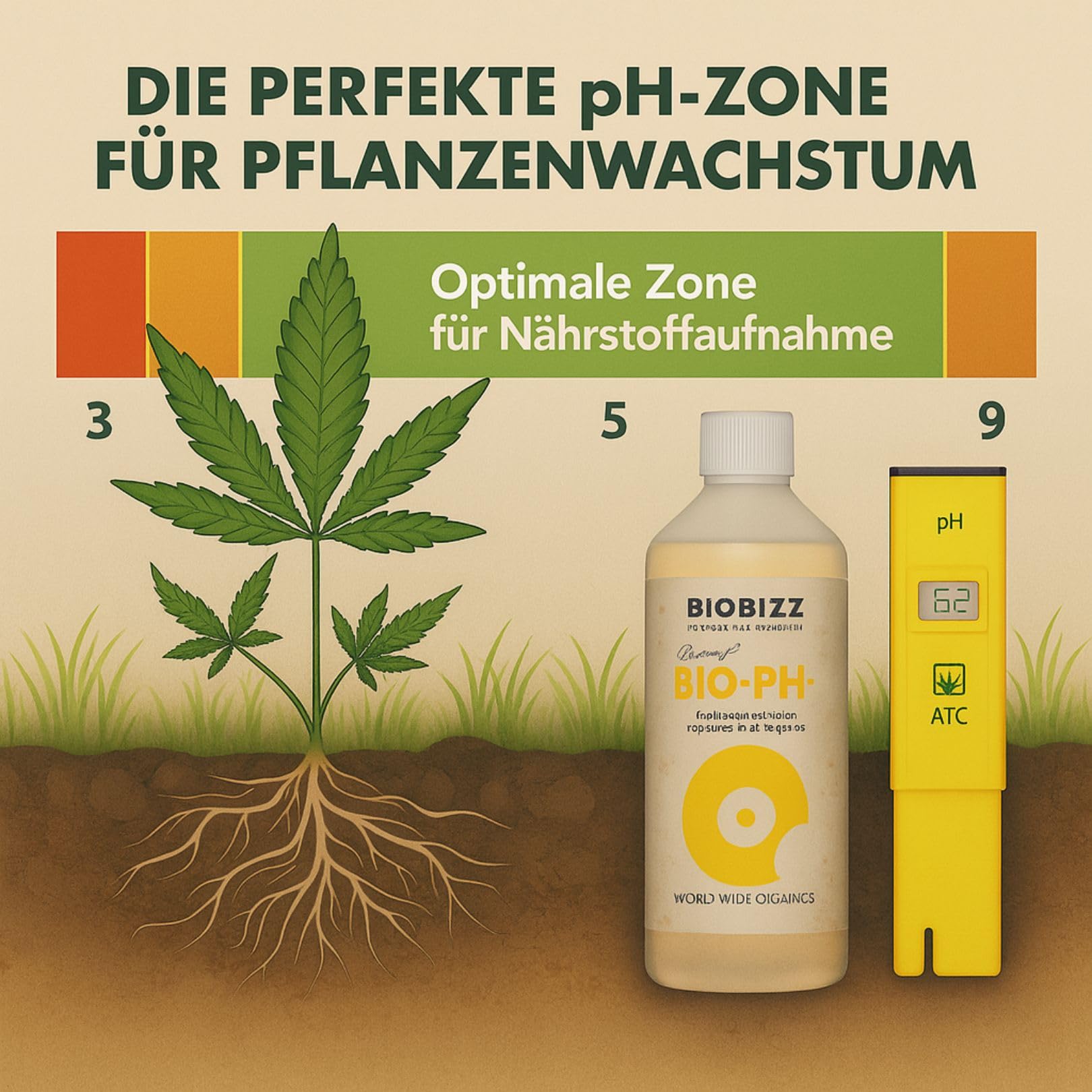 Weedness BioBizz pH- Minus 500 ml + Digitales pH-Messgerät - Natürlicher Biologischer pH-senker Grow Anbau Indoor Dünger ph Minus Flüssig