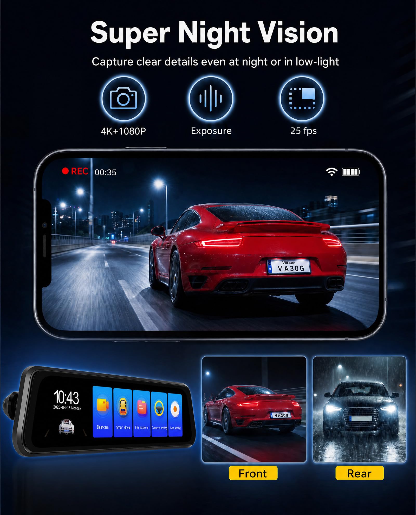 SIXWIN 4K Dashcam Espejo Retrovisor 9,66″ Pantalla Táctil con WiFi y App – Cámara Dual 4K+1080P, GPS, BSD/ADAS, Visión Nocturna, Grabación Cíclica, Sensor G, Asistente de Aparcamiento, Vigilancia 24h