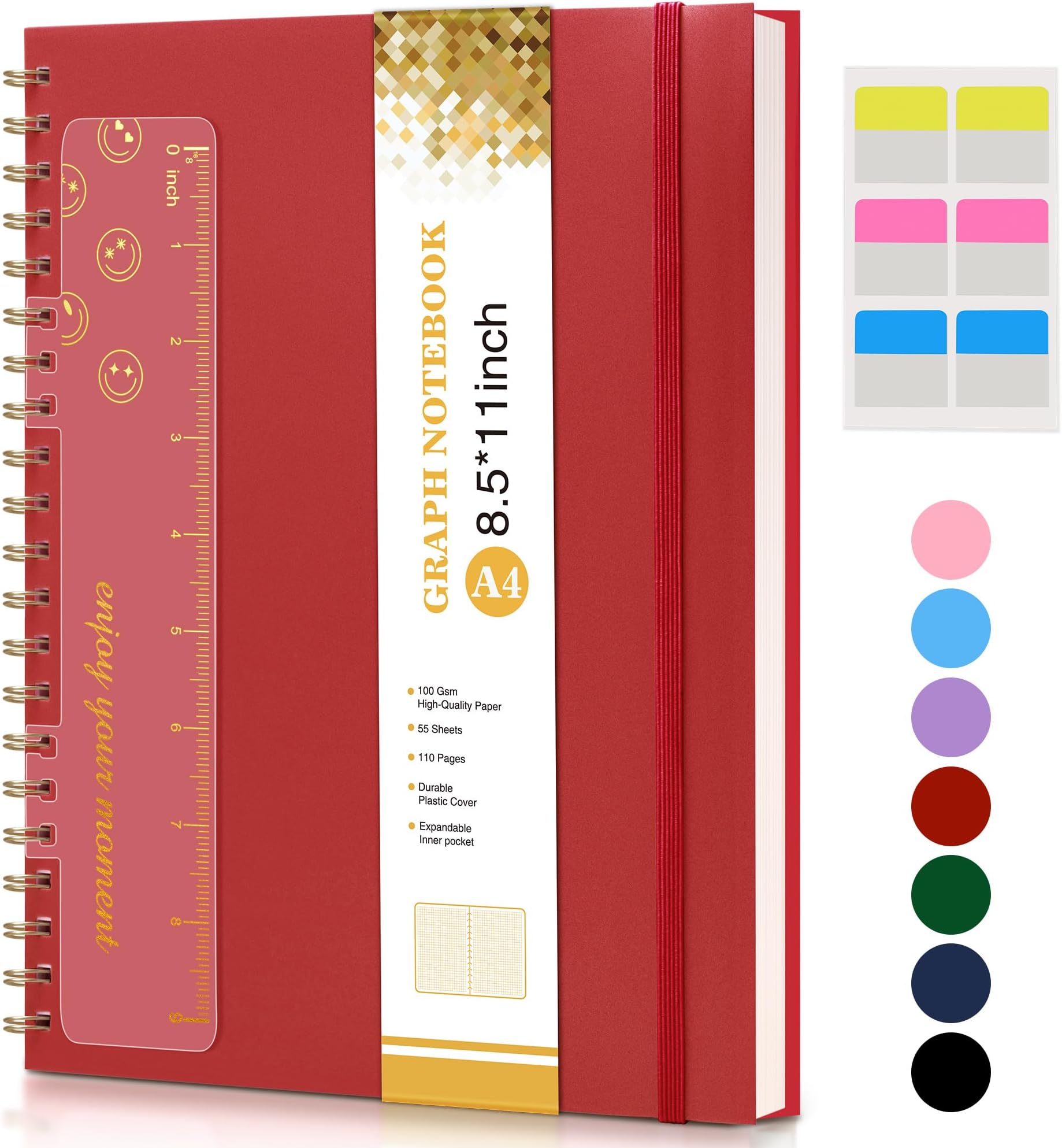 Graph Paper Notebook, Spiral Notebook Journal 8.5” x 11”, A4 Large Grid Notebooks for Women Men, 100 GSM Graph Paper, Plastic Hardcover Spiral Graphing Journals for Work School Engineerin, Red Unknown Binding