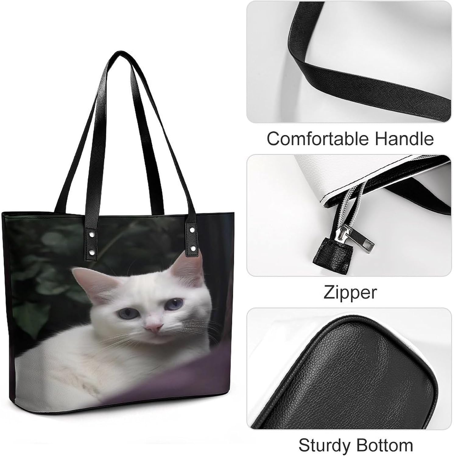 White Cat Tote Bag with Reinforced Bottom & Handles,Gym Bag Durable And Tip-proof,Weekender Bag to Top Zipper Closure,Daily Essentials