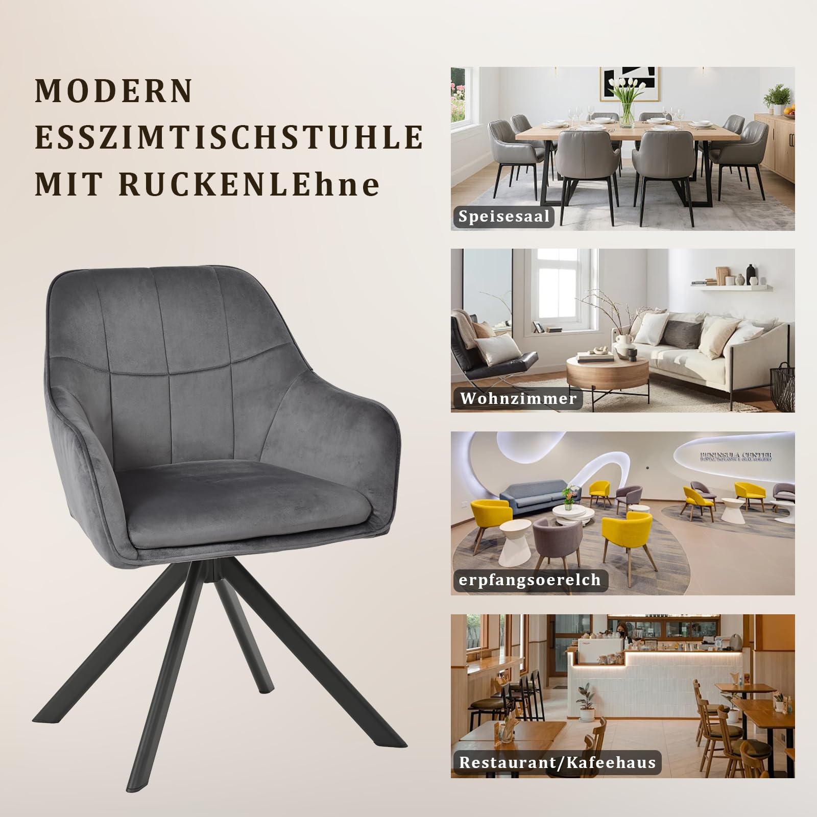 Esszimmerstühle drehbar 2er Set Grau Armlehnenstuhl Polsterstuhl drehstuhl Esszimmer drehstühle aus Samt Küchenstuhl mit Metallbeine für Wohnzimmer Esszimmer