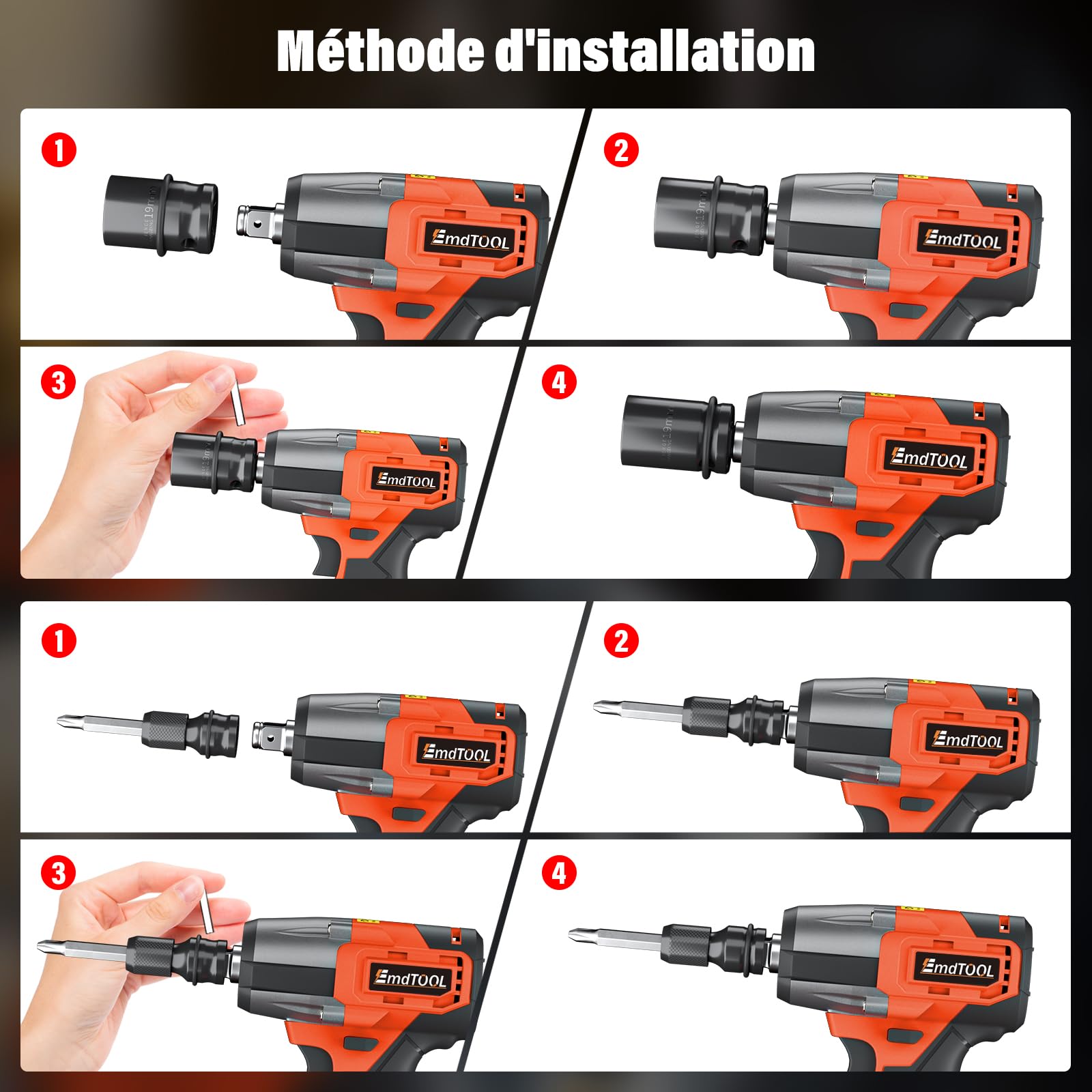 Moteur sans balais amélioré visseuses à choc électriques 1/2”Couple maximum 550n.m,lumière led intégrée,clef a choc batterie de 4,0 Ah, 2 modes de vitesse, pour boulonner et déboulonner