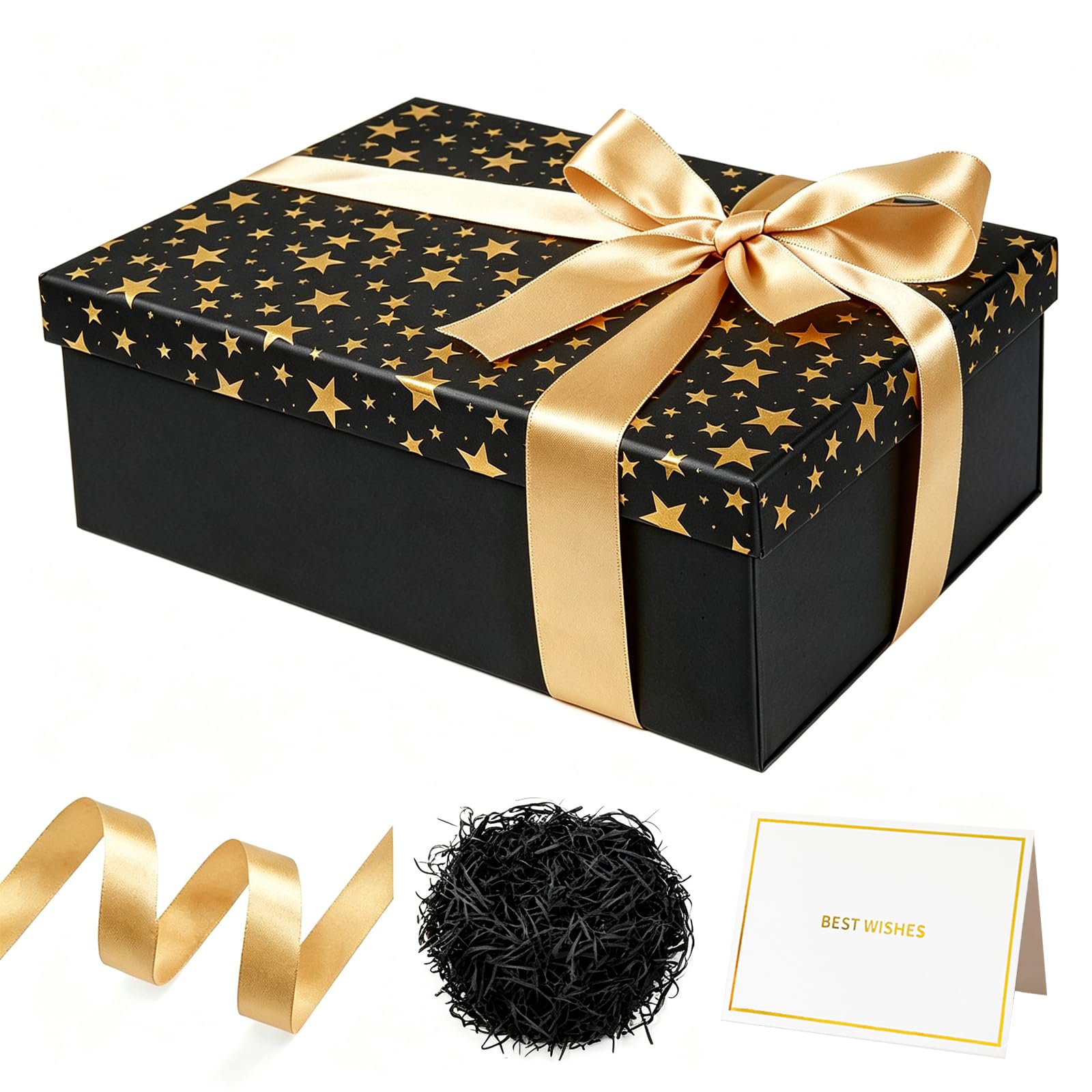Large Gifts Boxes for Presents, Star Gifts Boxes with Magnetic Lids, Birthday Box with Card, Ribbon, Filler for Kids Men Women Birthday Wedding Anniversary, Christmas (Black)