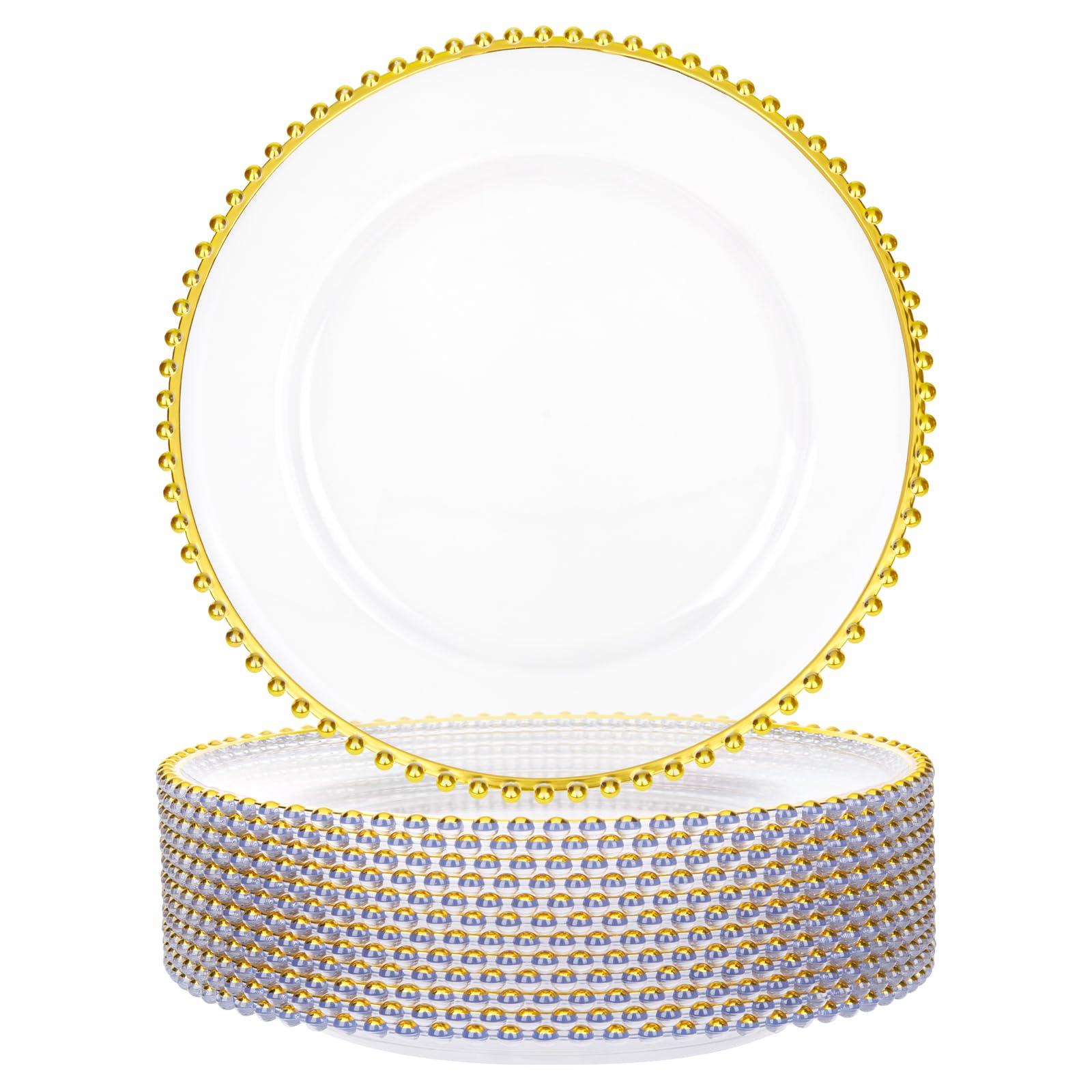 Photo 1 of 12 Pack Clear Charger Plates with Gold Beaded Rim, 13 Inch Plastic Charger Plates Bulk for Wedding, Elegant Dinner Party & Event Decor, Heavy Duty Reusable Clear and Gold Chargers for Dinner Plates