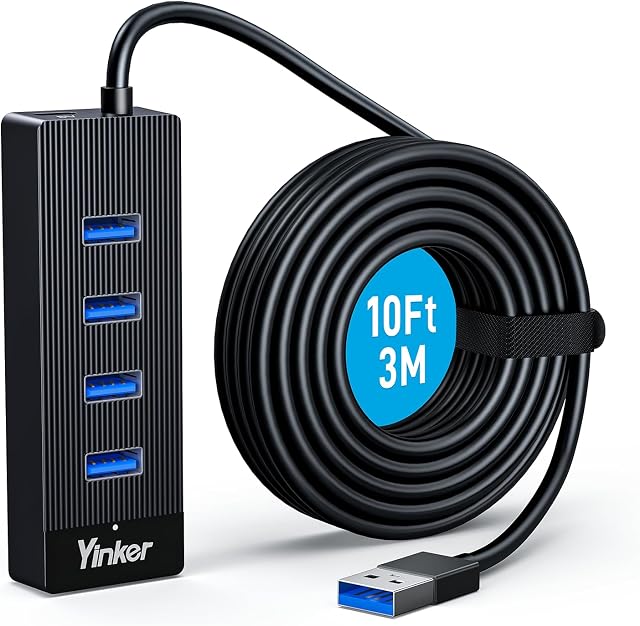 4 Port USB 3.0 Hub 10FT Long Cable with 5 Gbps & 5V USB-C Power Supply for Laptop Desktop PC – USB Hub Splitter Extender Expander Compatible with Mac, Windows