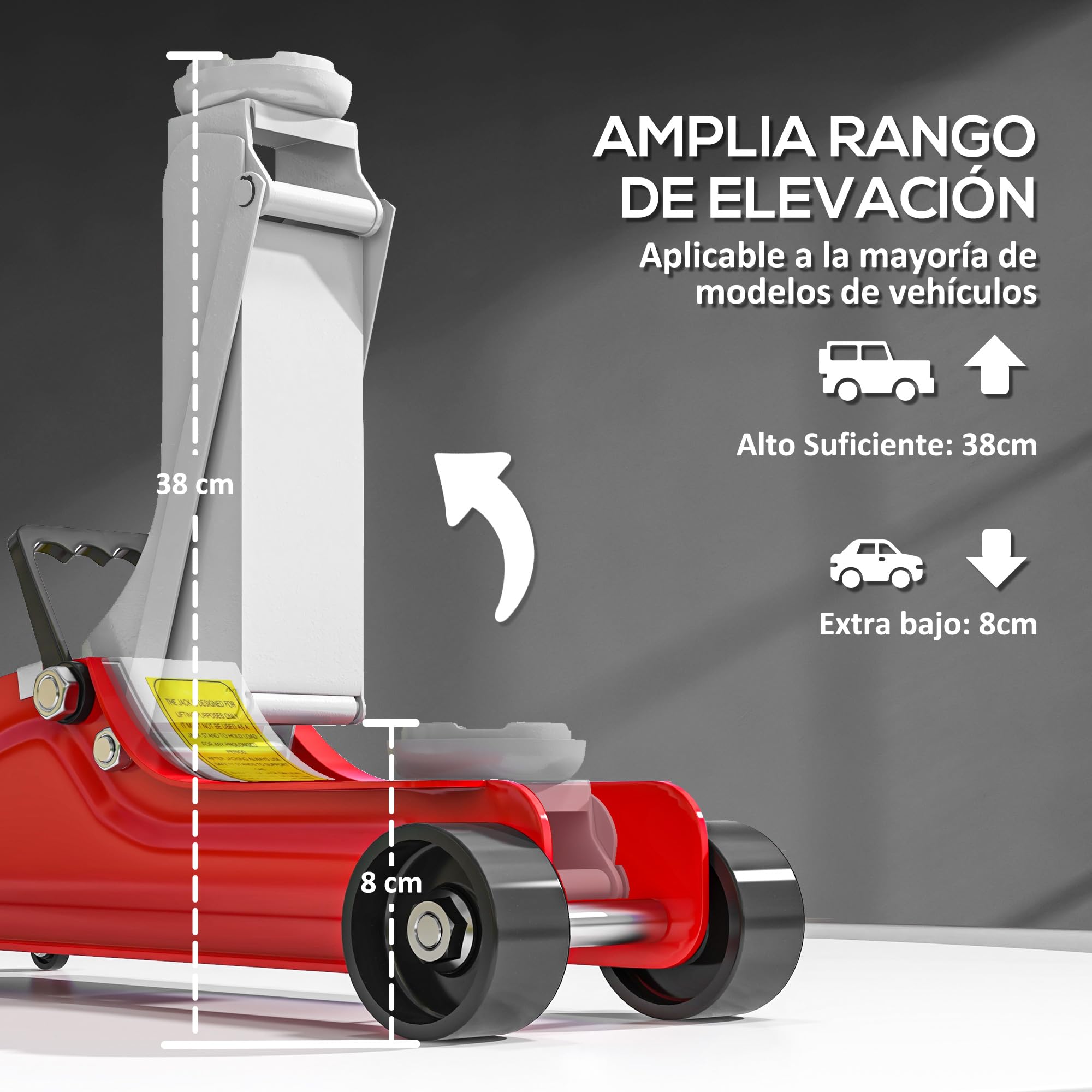 HOMCOM Gato Hidráulico 2,5T Altura de Elevación 80-380 mm Perfil Bajo | Gato Hidráulico para Coche Robusto, Ruedas Móviles, Compacto y Portátil, para Automóvil, SUV, Talleres y Garaje