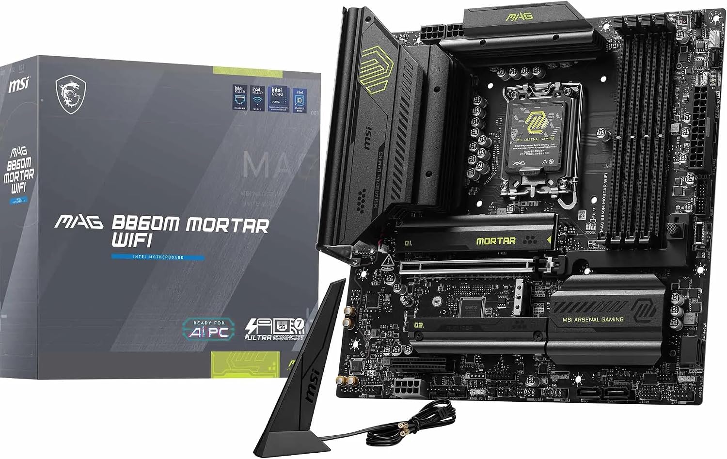 MSI MAG B860M Mortar WiFi Motherboard, mATX - Supports Intel Core Ultra Processors (Series 2), LGA 1851 - DDR5 Memory Boost 9200+ MT/s OC, 1 x PCIe 5.0 x16, 1 x M.2 Gen5, 5G LAN, Wi-Fi 7