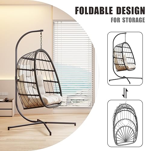Miniatura 7 de HWB Silla colgante de huevo con soporte, silla columpio de mimbre para patio con cojín para dormitorio, jardín, interior y exterior (beige)