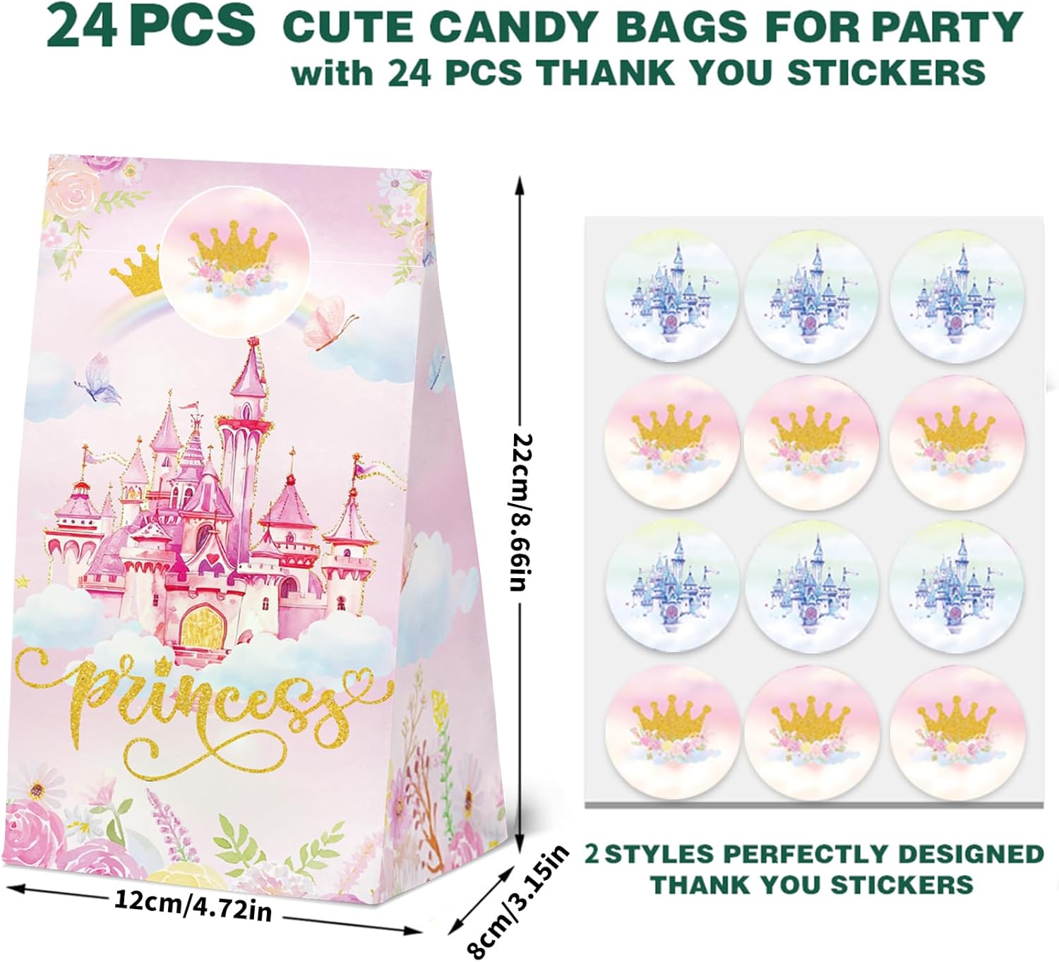 24 Pcs Princess Prince Party Gift Bags with Stickers,Castle Themed Birthday Party Favor Bags for Princess Prince Party,Gender Reveal & Wedding Decorations Supplies - Image 4