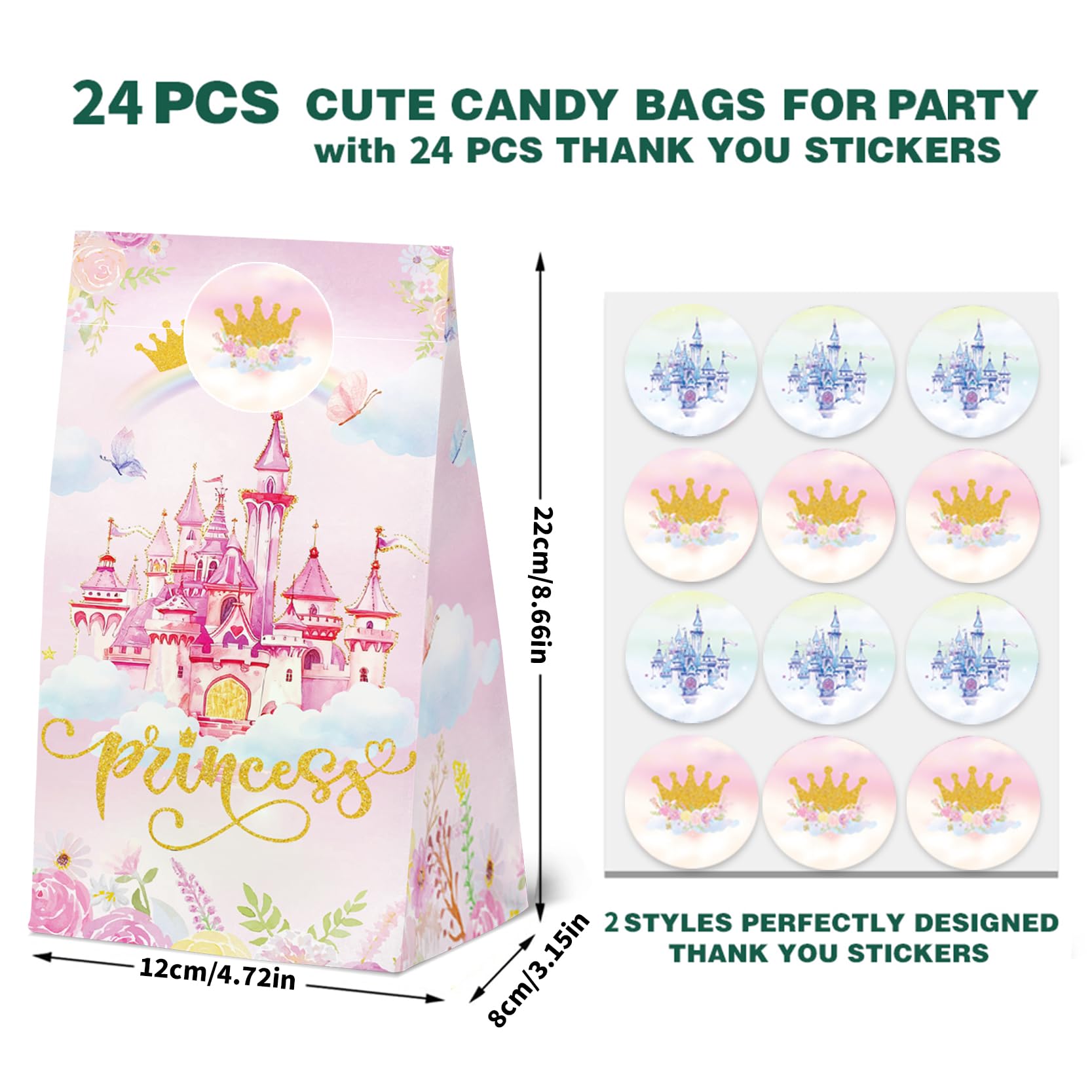 24 Pcs Princess Prince Party Gift Bags with Stickers,Castle Themed Birthday Party Favor Bags for Princess Prince Party,Gender Reveal & Wedding Decorations Supplies