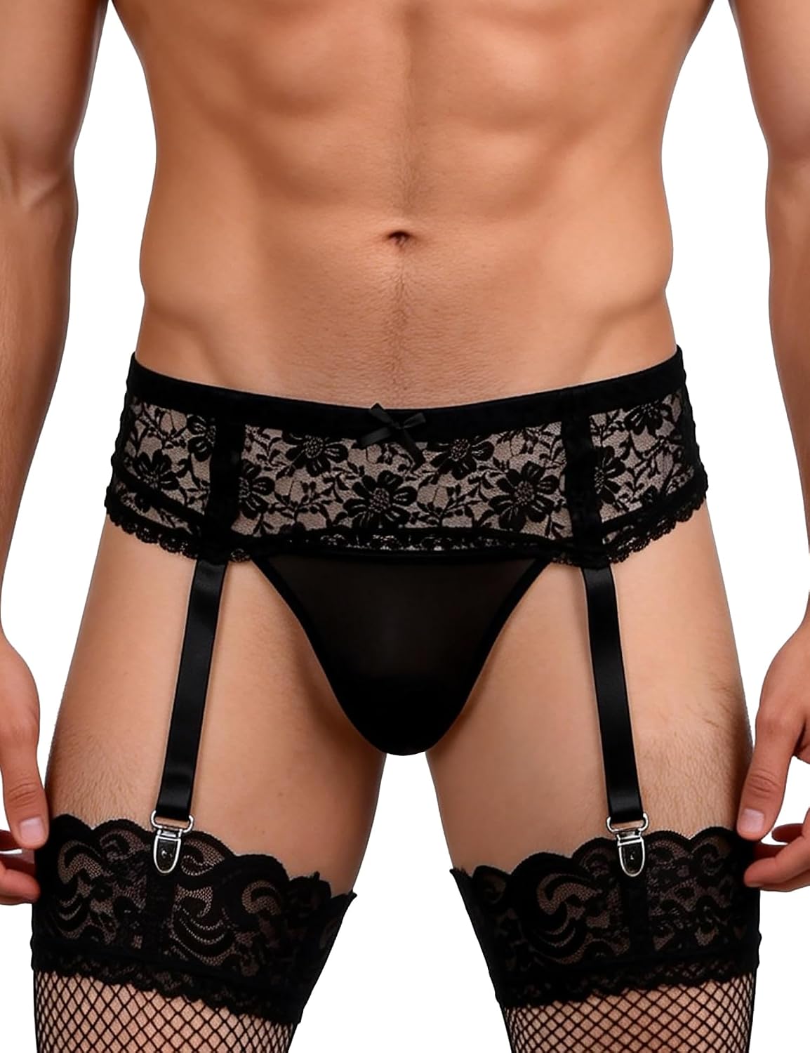 ohmydear Men's Lace Garter Belt with 4 Metal Clips Sexy Breathable Femboy Thigh Garters Sissy Lingerie for Thigh Highs S-XL