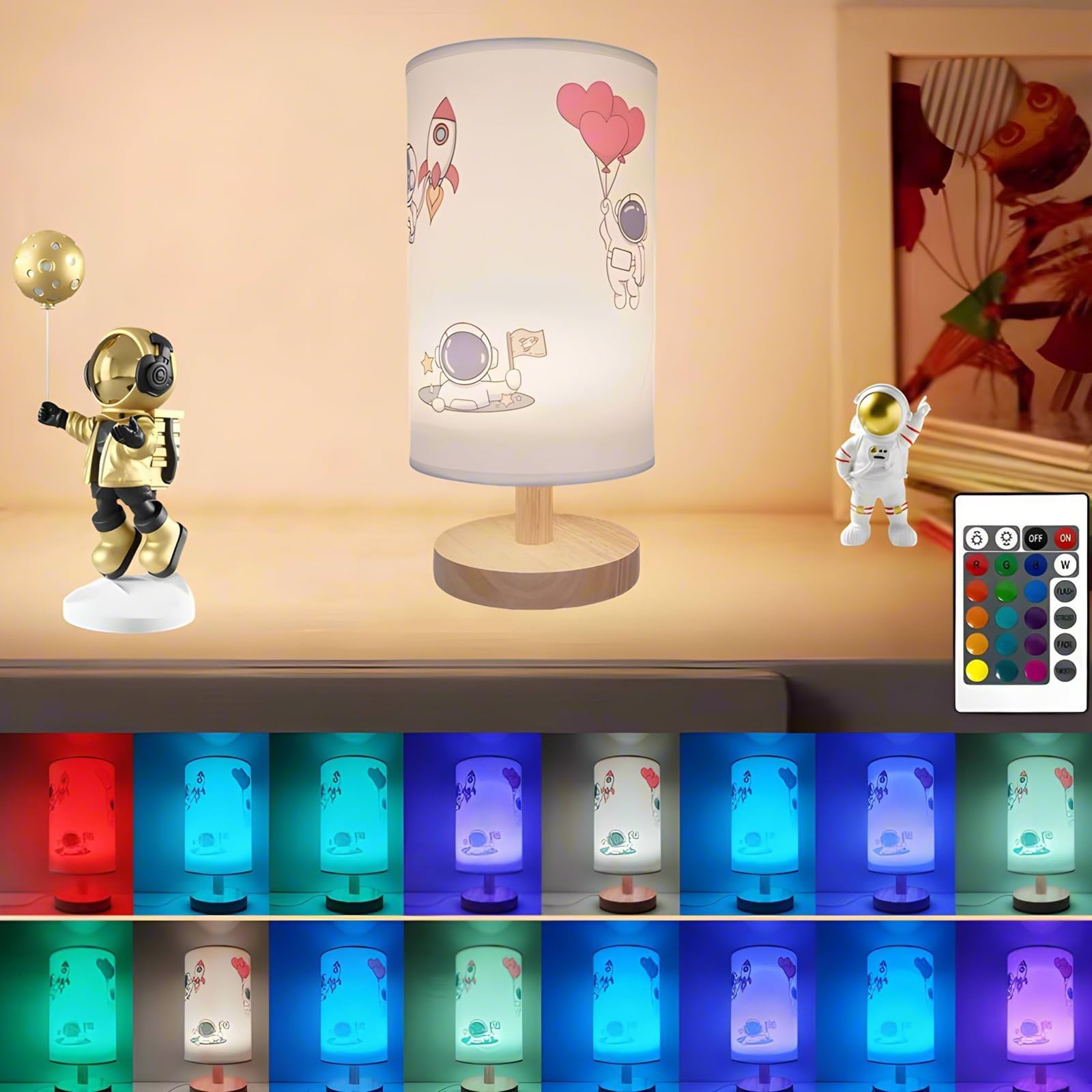Astronaut Bedside Table Lamp for Bedroom Nightstand-16 Colors Small Night Stand Light Lamp with Remote Control and LED Bulb,Study Reading Desk Lamps for Kids Room,Room Decoration Gifts (A)