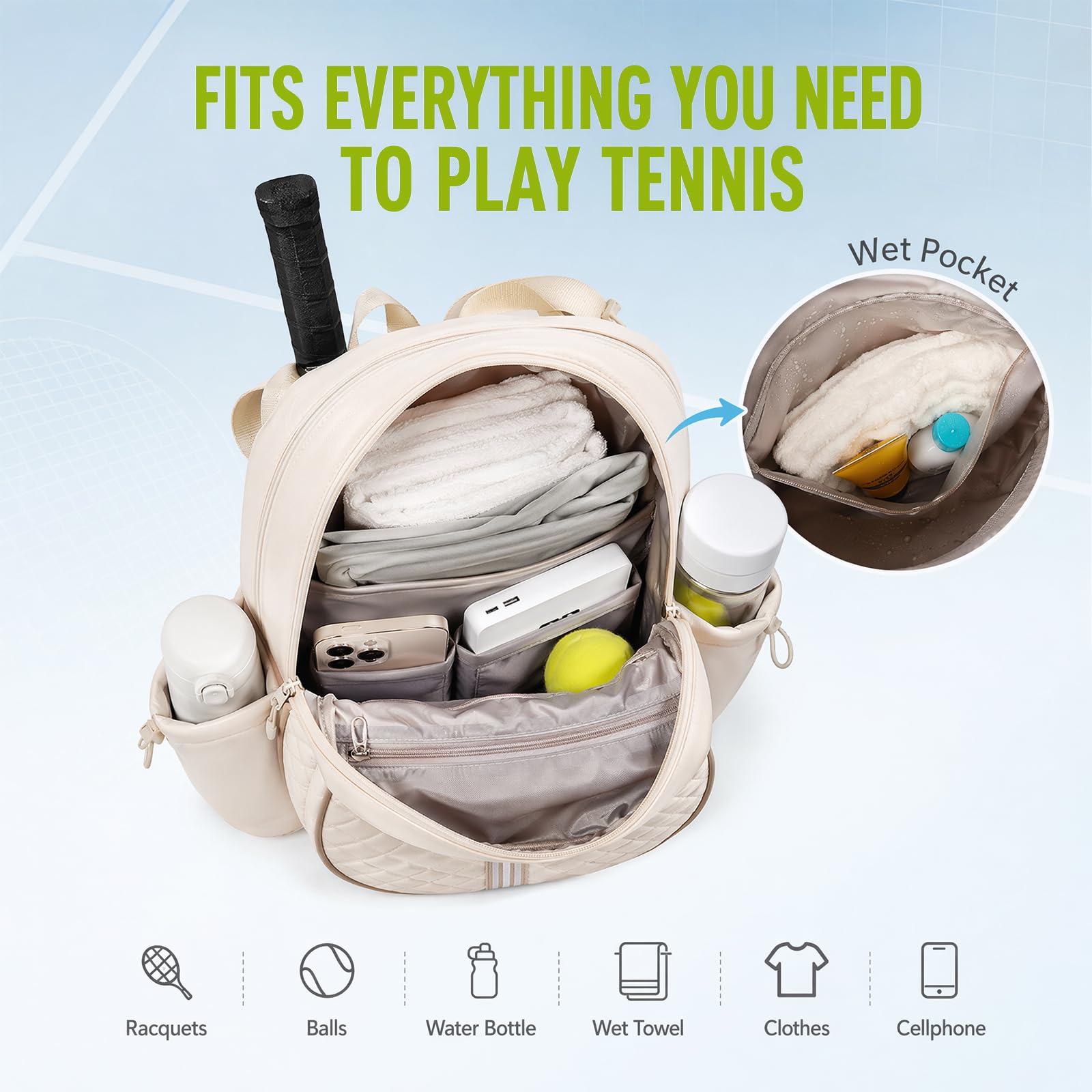 Mochila de tenis, bolsa de tenis para mujer y hombre, para 2 raquetas de tenis, resistente al agua, mochila con varios compartimentos, gancho para valla, mochila deportiva para tenis