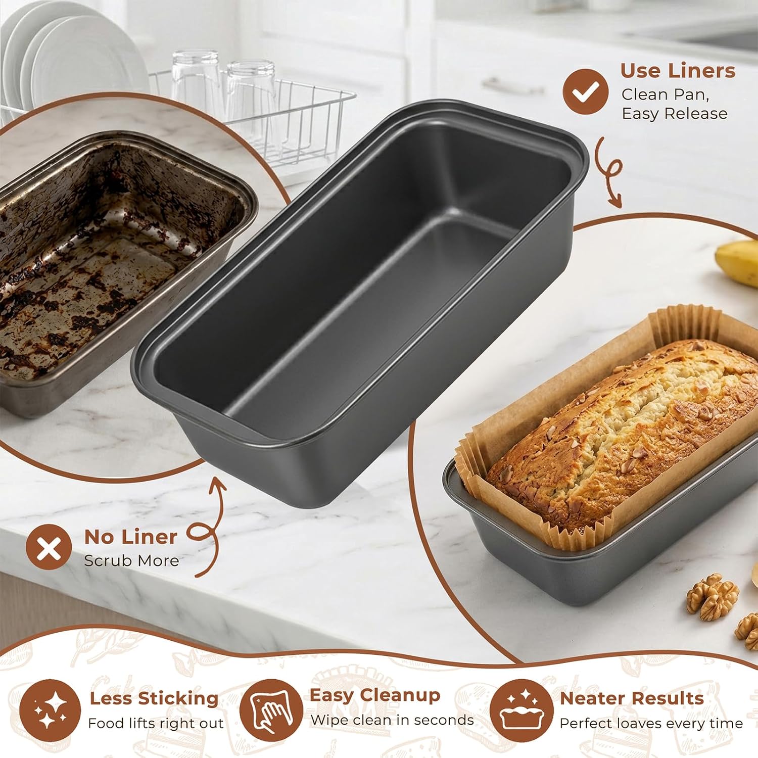 6 Pack Bread Loaf Pan with 100 PCS Loaf Pan Liners, Nonstick 9 x 5 Inch loaf pans for baking bread, Bread Pan liners for Baking Toast, Cakes, Banana Breads, Sourdough Bread