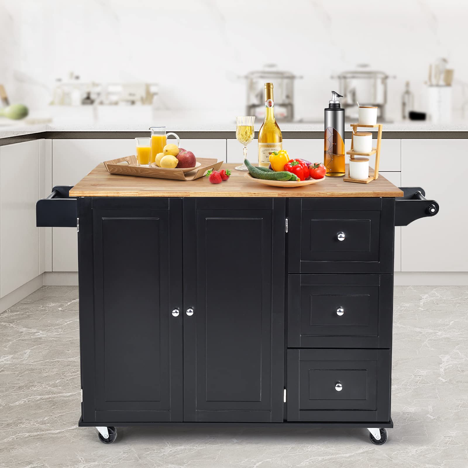 GIANTEX Carro de Cocina Plegable, Carro de Servicio, Aparador de Cocina, Mueble de Cocina de Madera, Ruedas con 2 Frenos, Tablero Plegable y 2 Estantes Ajustables, 136 x 76 x 91 cm (Negro)