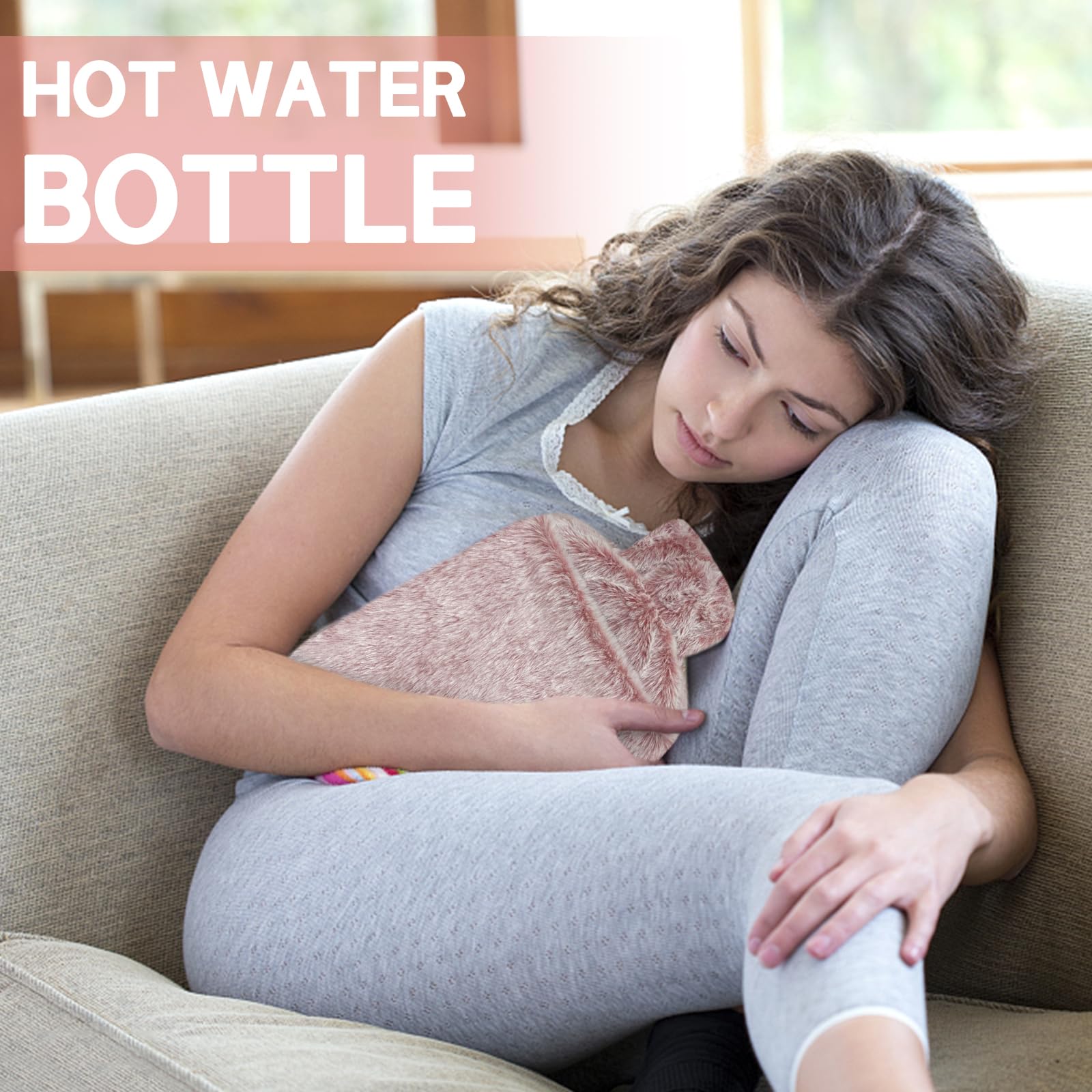 Jsdoin Borsa Acqua Calda, 2L Borsa Dell'acqua Calda con Peluche Morbida Copertura,Boule Acqua Calda, Borsa Acqua Calda per Dolori (Rosa)