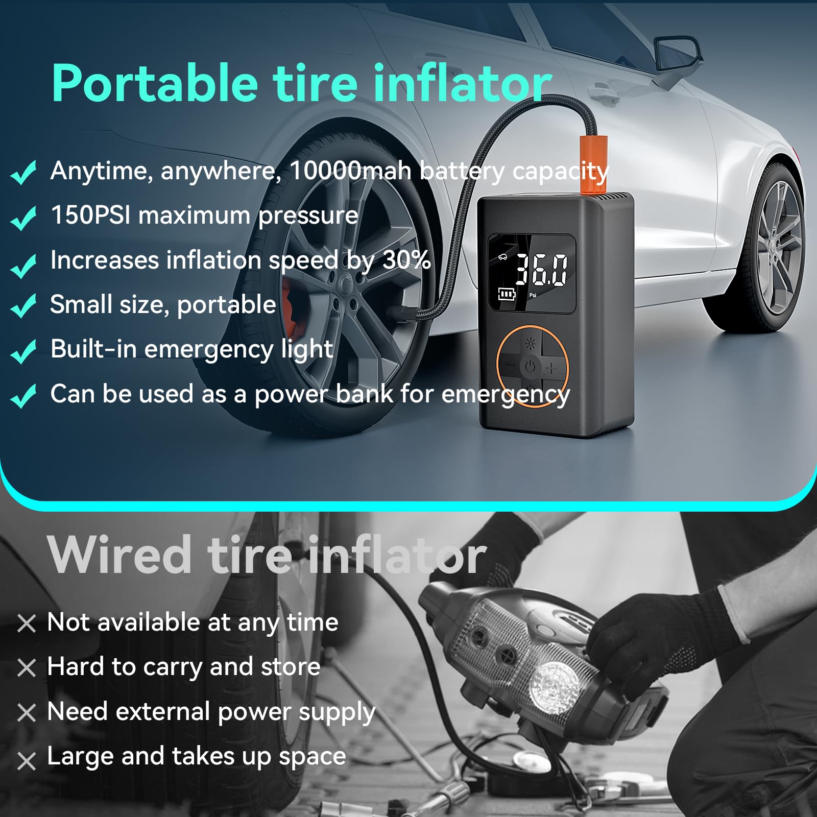Compressore D’Aria Portatile 10000mAh – 150 PSI, Gonfiatore Elettrico Senza Fili Con Luci LED, Power Bank E App Smart Per Auto, Moto, Bici E Palle