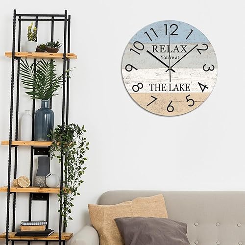 Miniatura 6 de Reloj de pared redondo de madera Relax You're at The Lake funciona con pilas, reloj silencioso sin tictac de 12 x 12 pulgadas para decoración del
