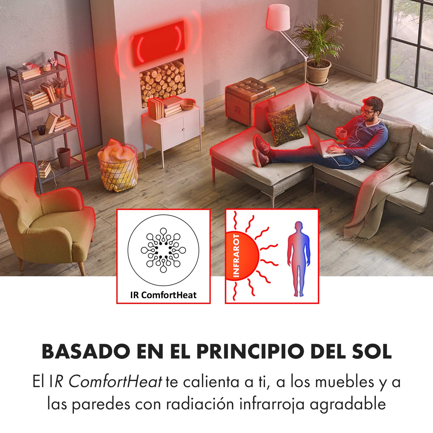 Klarstein Crystal Wall - Calefactor infrarrojo, Potencia 600 W, 12 m², Instalación en la pared, Apagado automático, Termostato, Protección IP54, 100 x 60 cm, Vidrio de seguridad endurecido, Blanco
